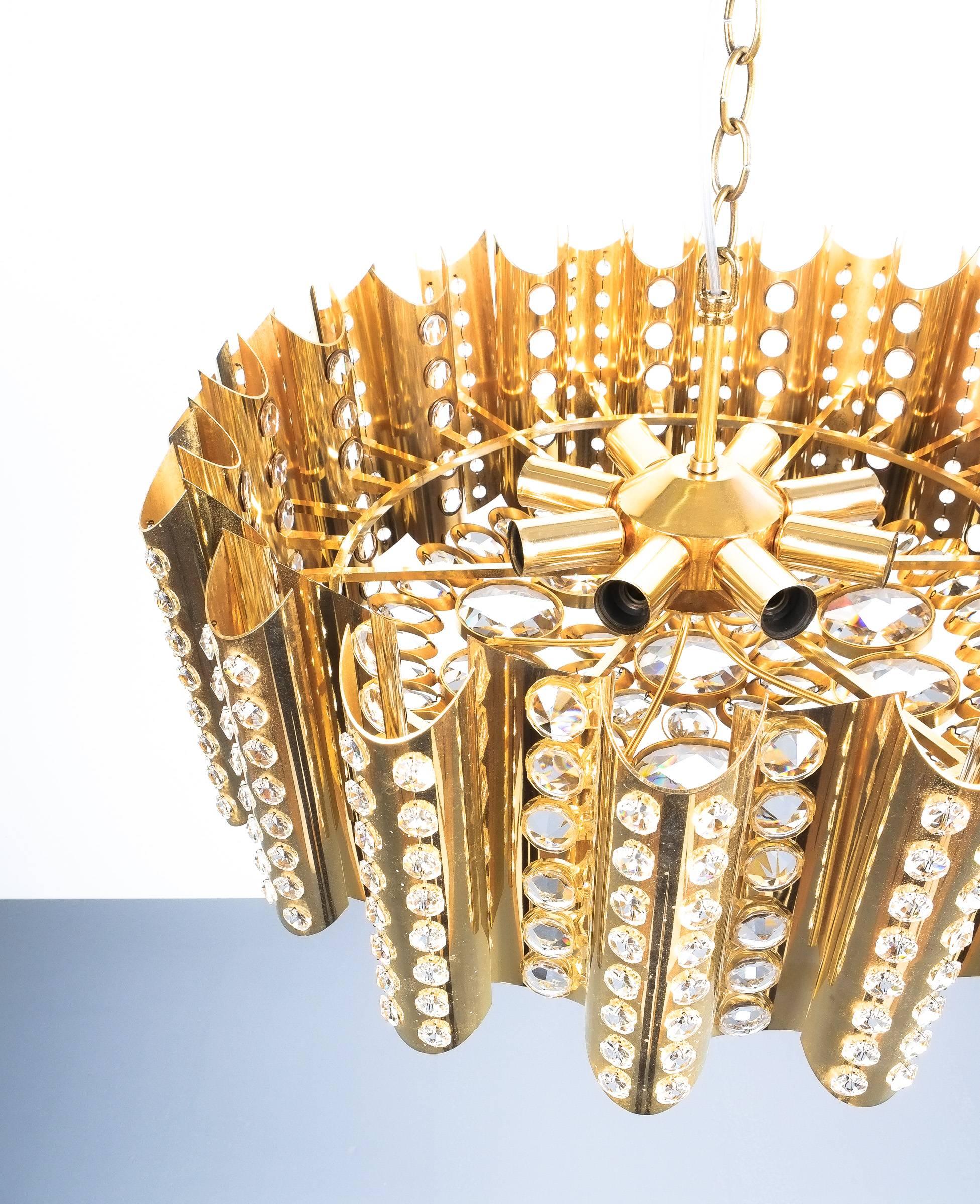 Brass Glass Chandelier Lamp Large Gold-Plated, Italy Mid Century In Good Condition For Sale In Vienna, AT