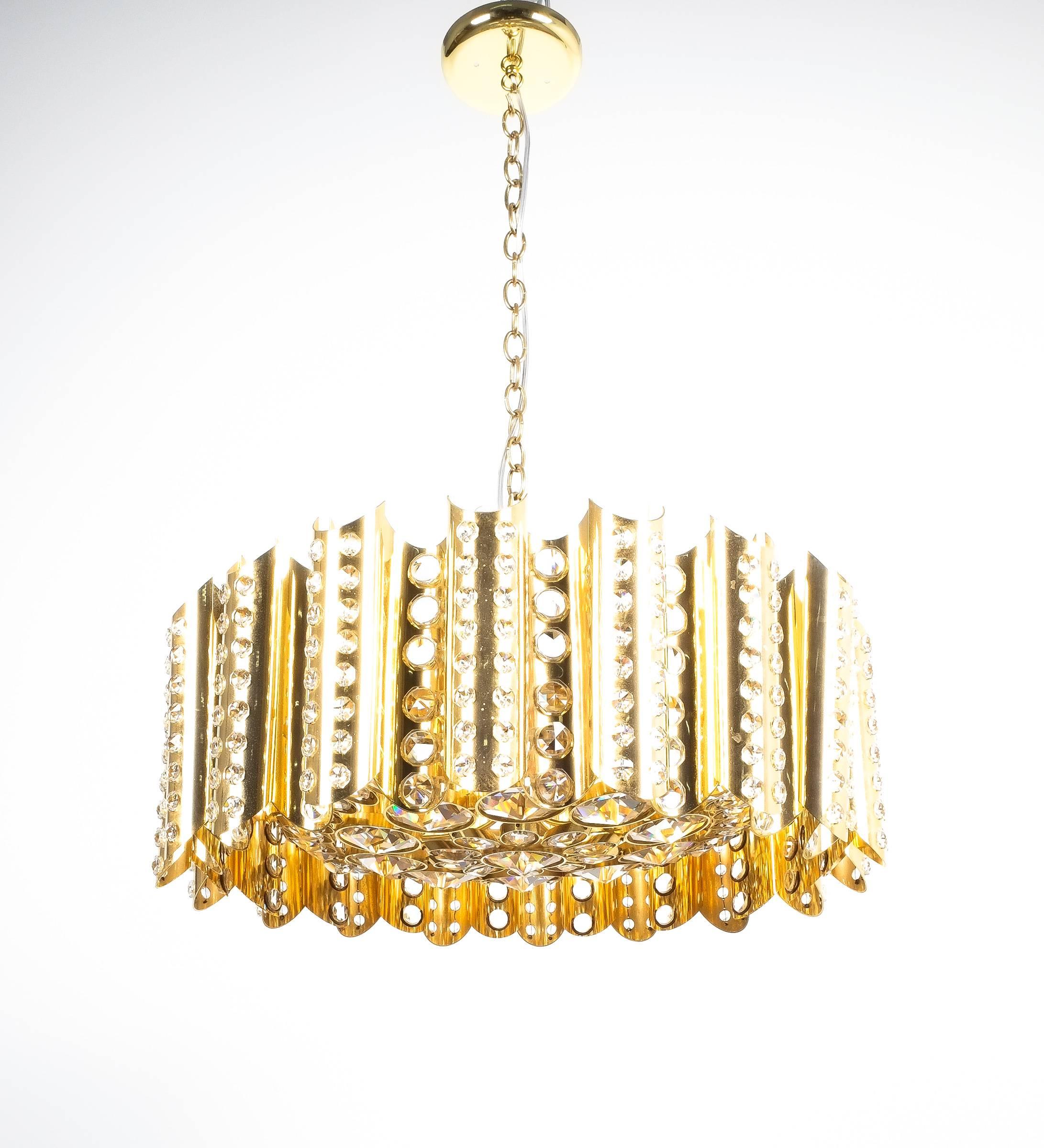 Cut Glass Brass Glass Chandelier Lamp Large Gold-Plated, Italy Mid Century For Sale