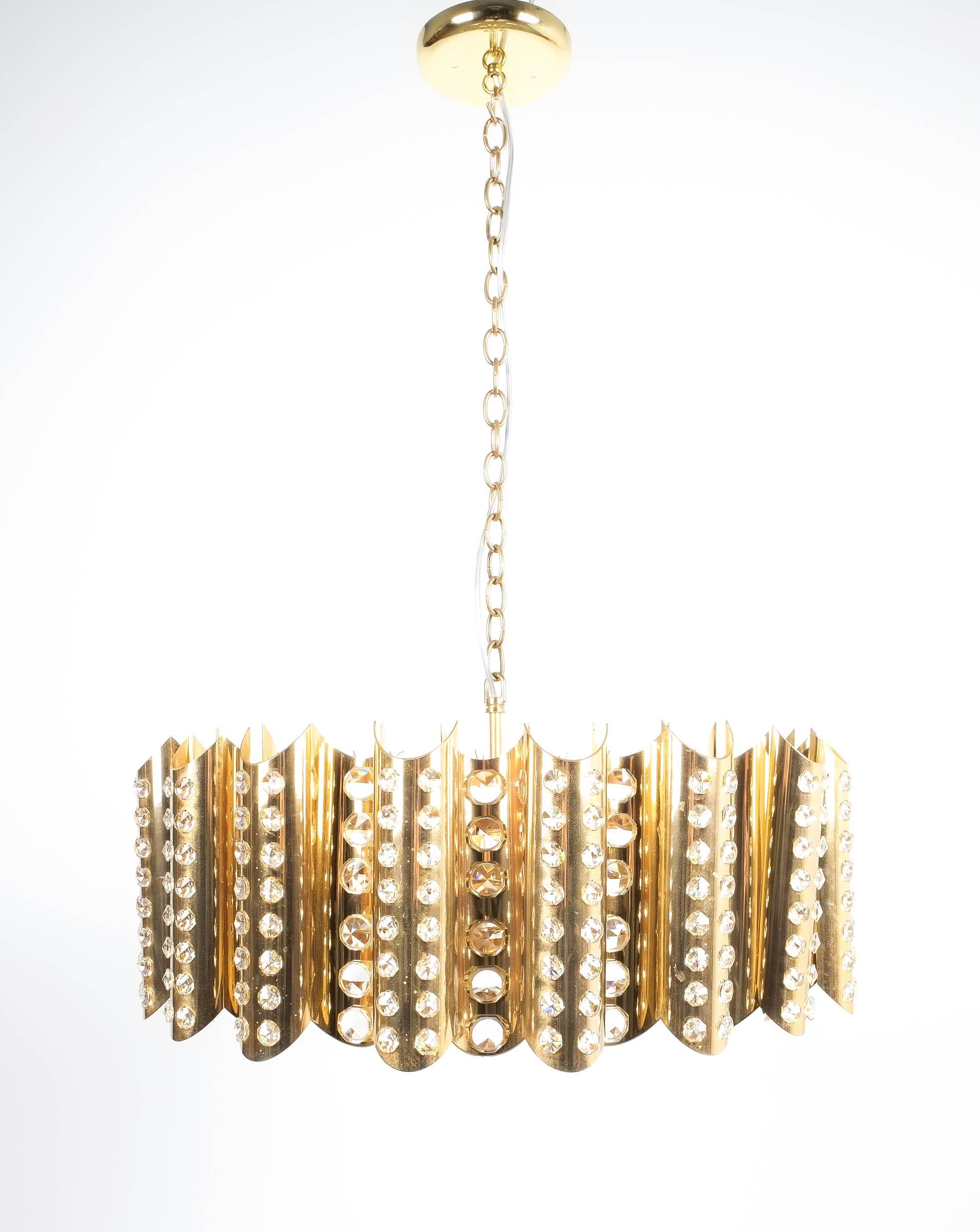Mid-20th Century Brass Glass Chandelier Lamp Large Gold-Plated, Italy Mid Century For Sale