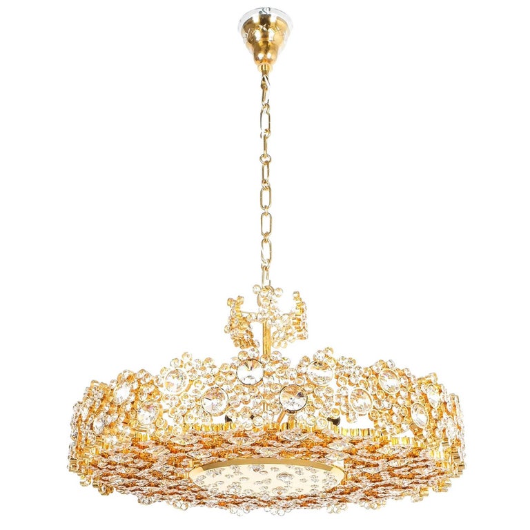 Pair Palwa Crystal Glass Gold Plated Brass Chandeliers Refurbished Palwa Crystal Glass Gold Brass Chandelier Refurbished Lamp 1960