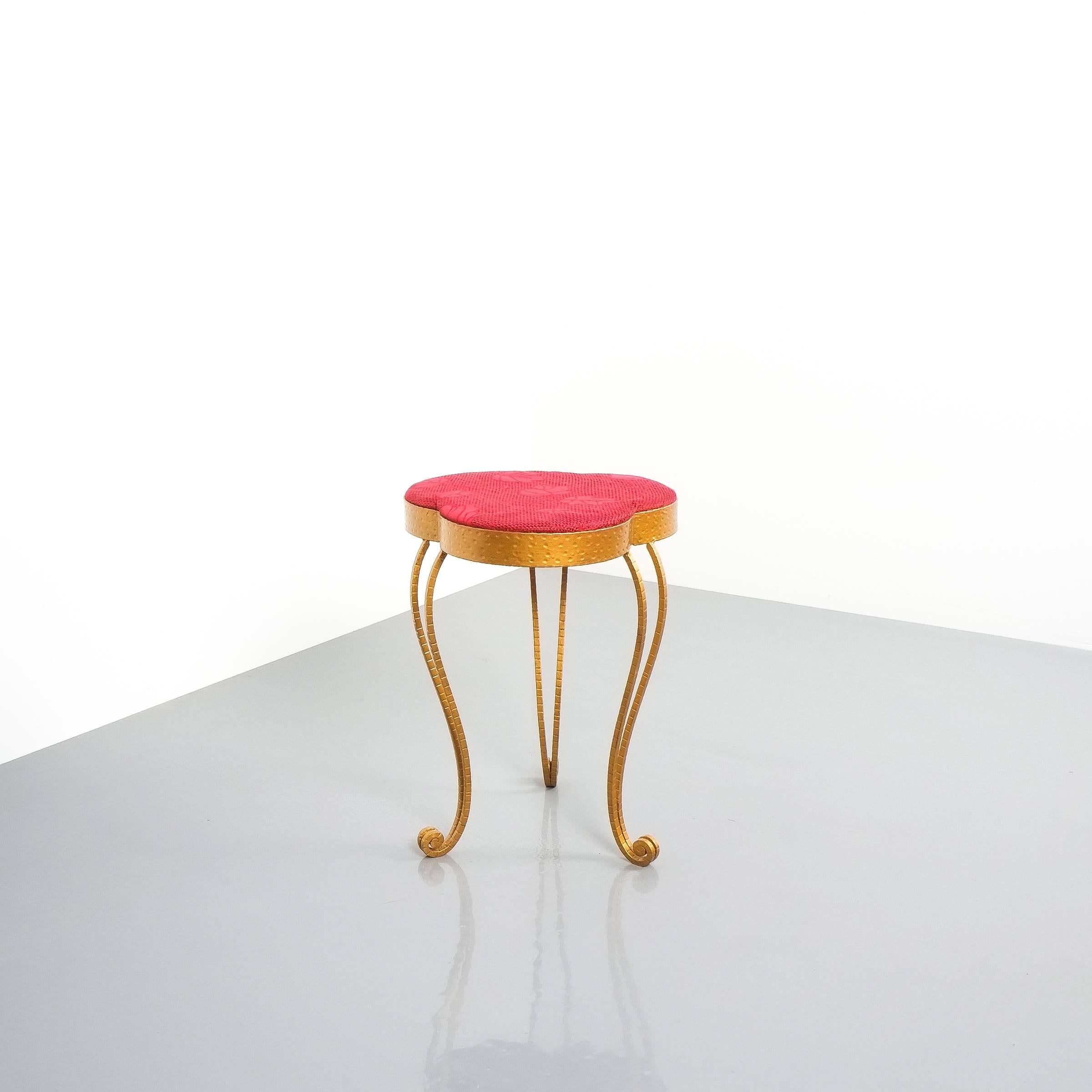 Pair of Pier Luigi Colli Gold Iron Clover Stools Red Fabric, Italy, 1950 1