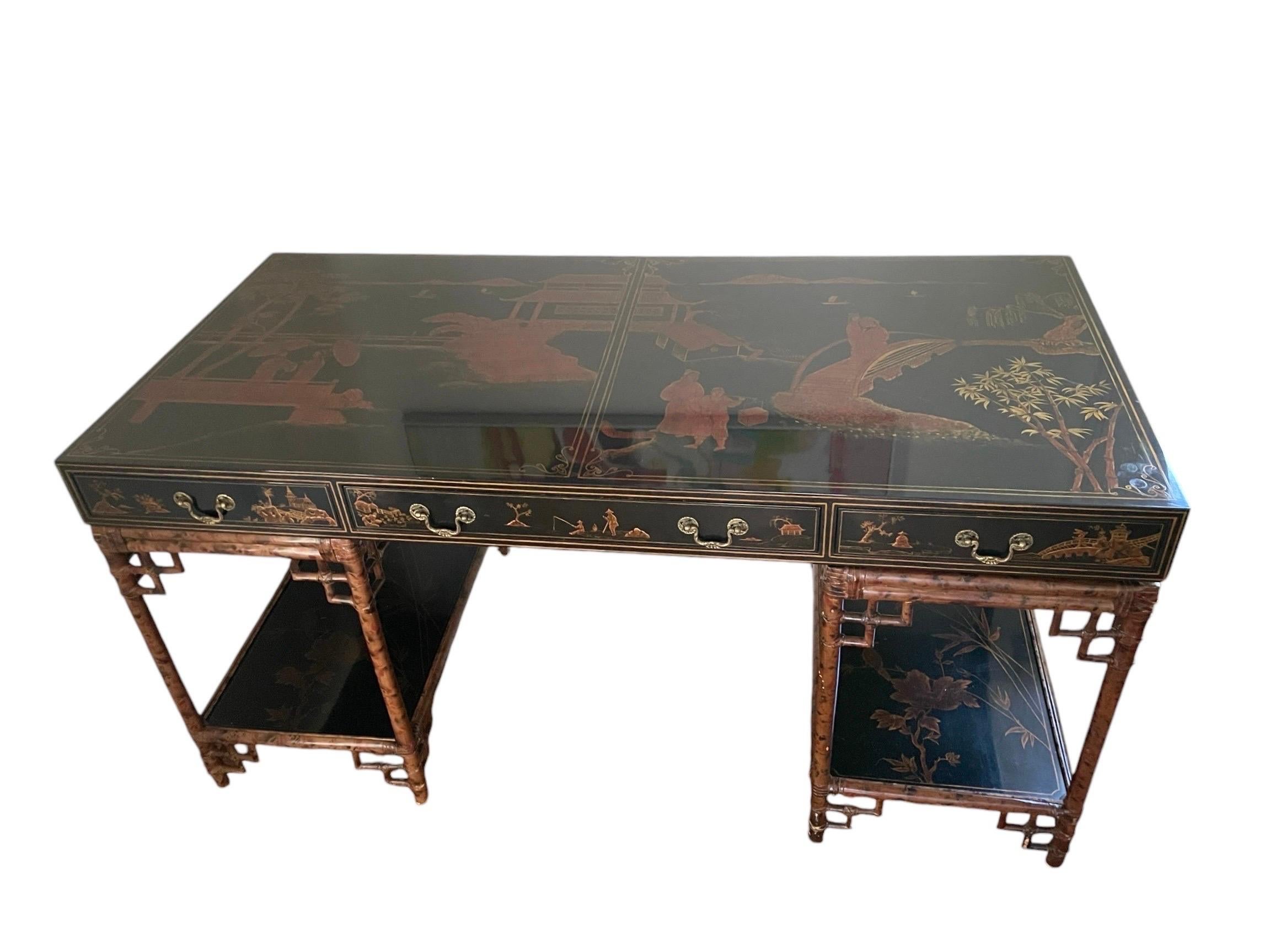 Table d'entrée de bureau chinoiserie Maitland Smith vintage bambou rotin en vente 5