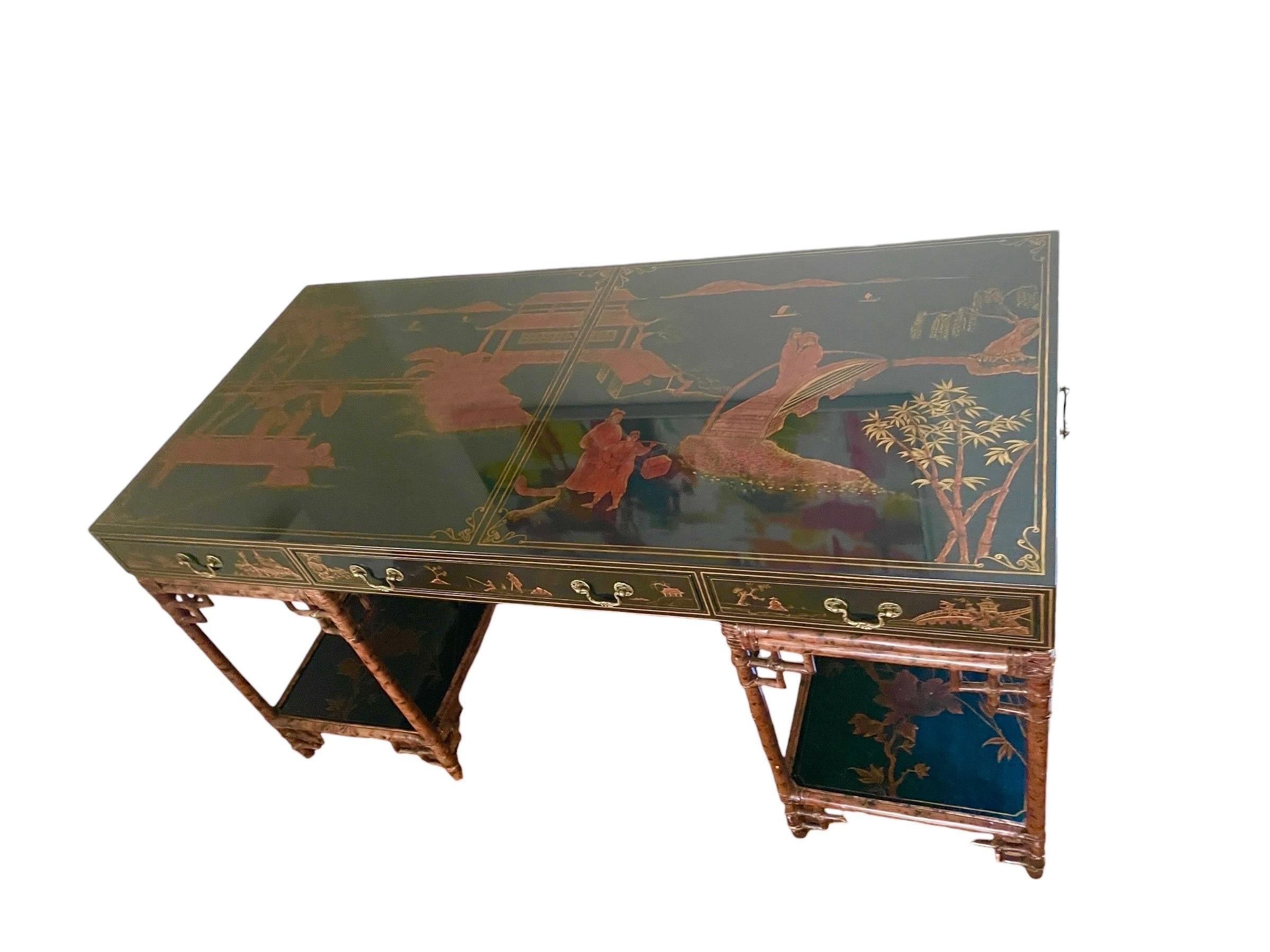 Table d'entrée de bureau chinoiserie Maitland Smith vintage bambou rotin en vente 11