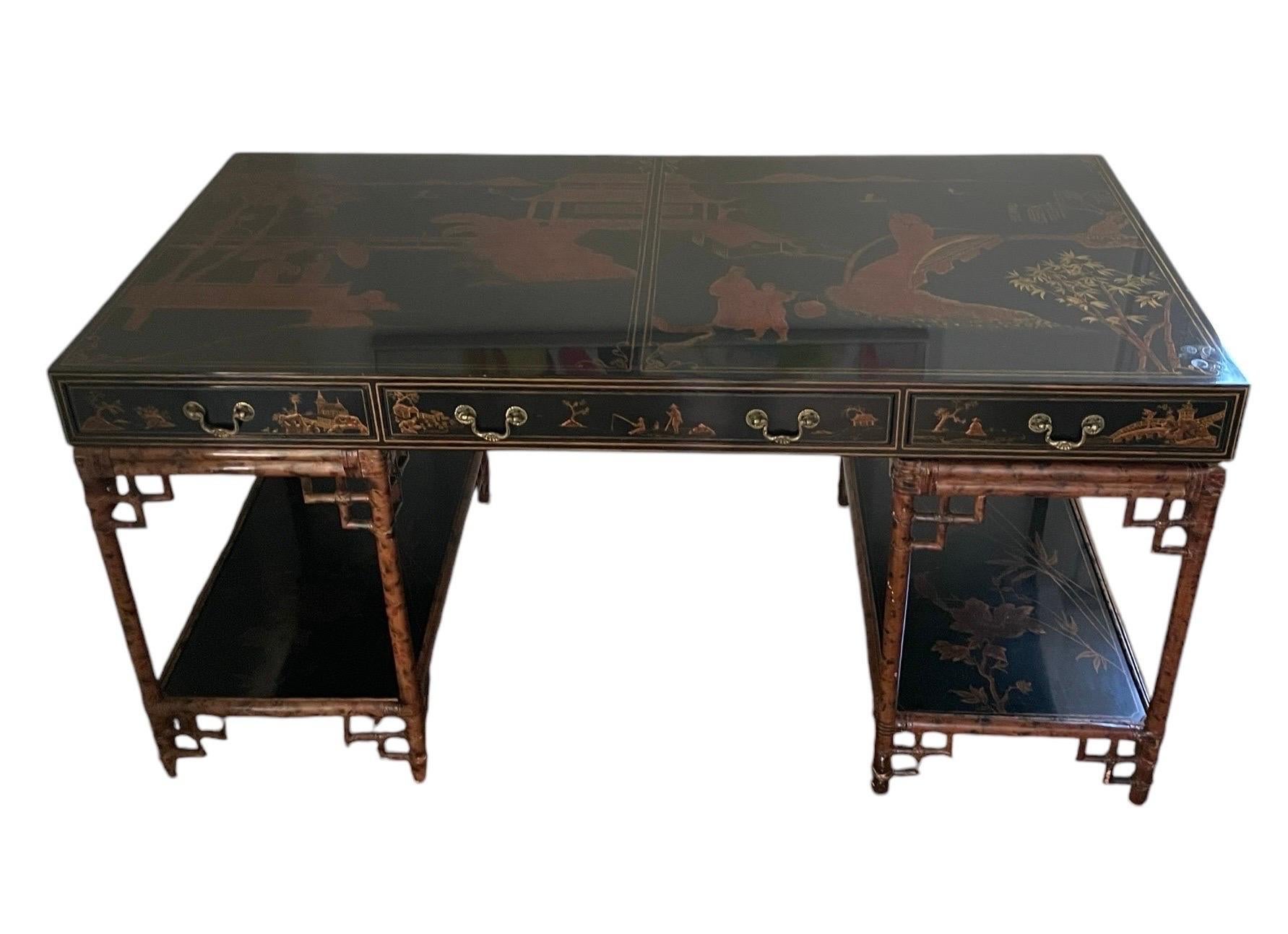 Table d'entrée de bureau chinoiserie Maitland Smith vintage bambou rotin en vente 9