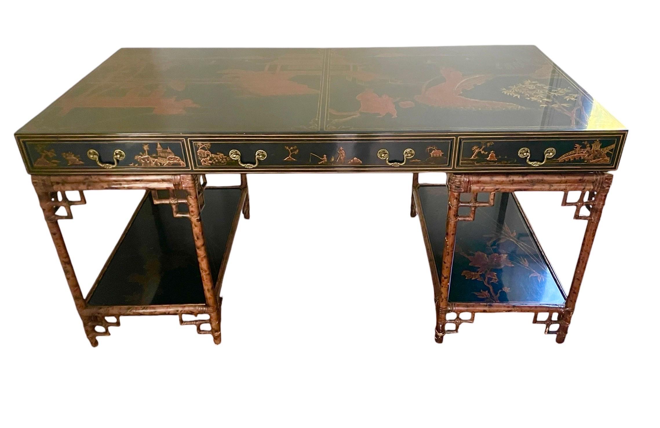 Table d'entrée de bureau chinoiserie Maitland Smith vintage bambou rotin en vente 7