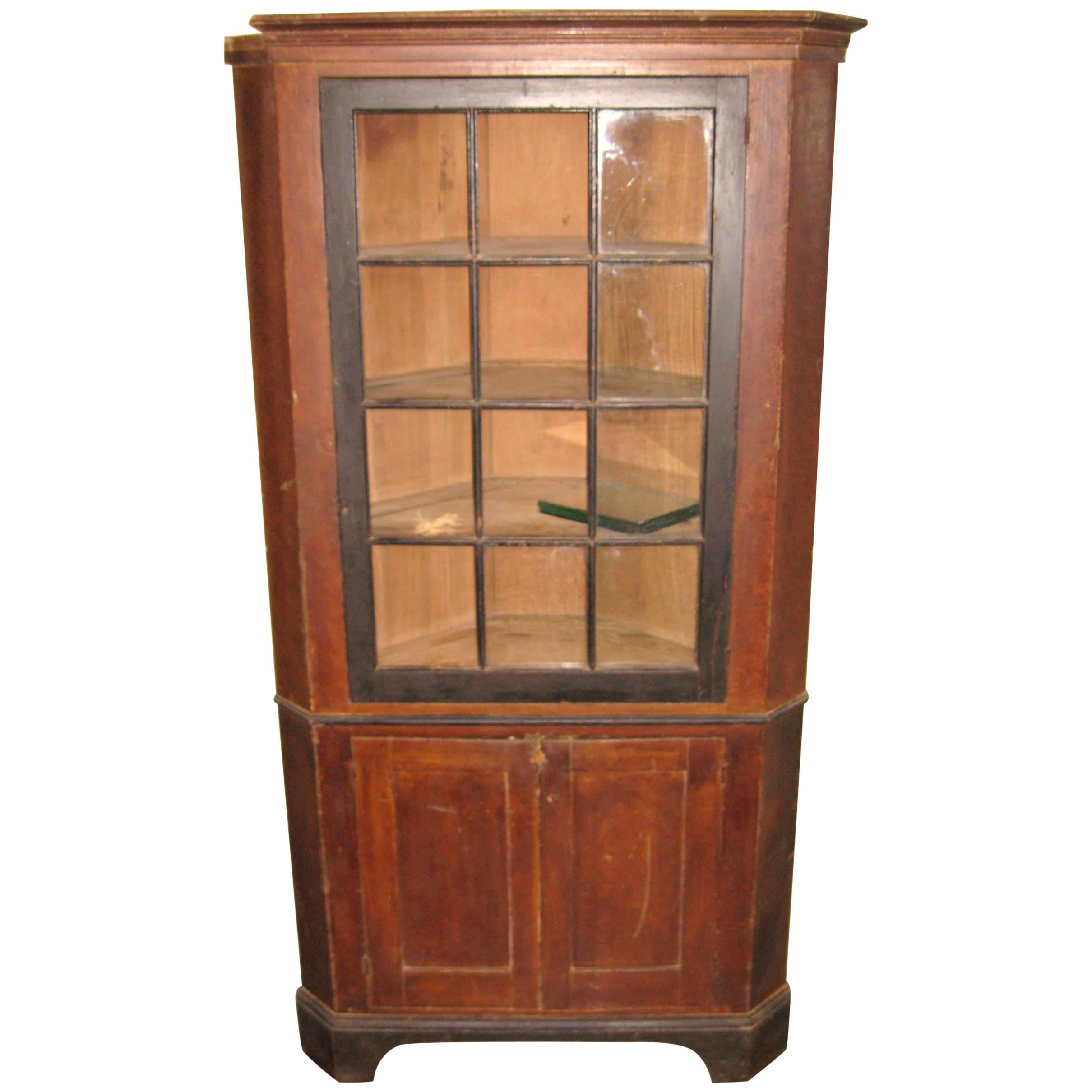 1830s Primitive Farmhouse Corner Cupboard Pine Cabinet