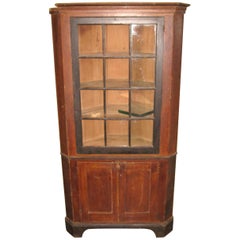 Antique 1830s Primitive Farmhouse Corner Cupboard Pine Cabinet