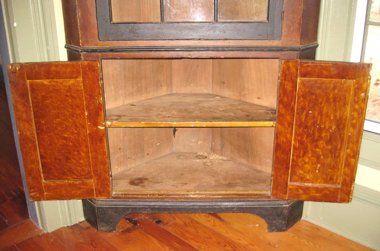 Hand-Crafted 1830s Primitive Farmhouse Corner Cupboard Pine Cabinet For Sale