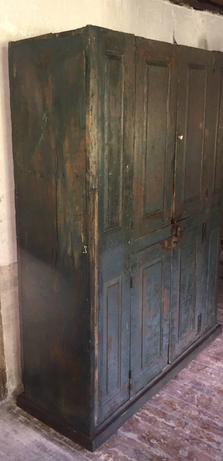 Primitive 18th Century Blind Door Large Hudson Valley Cupboard with Original Blue Paint