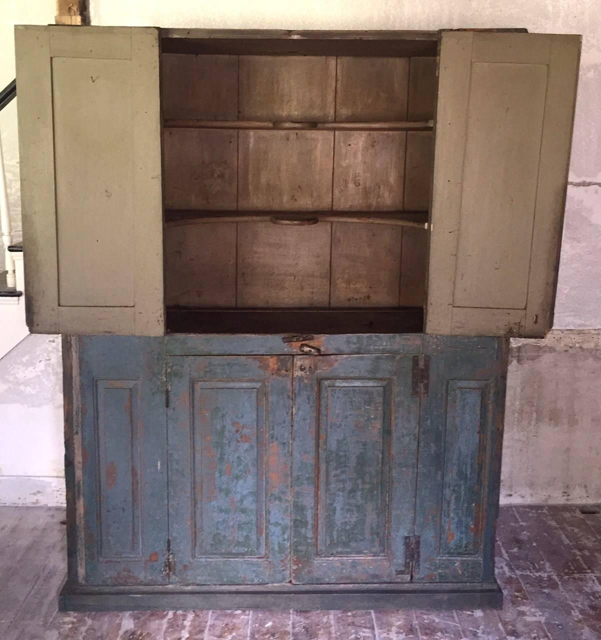 American 18th Century Blind Door Large Hudson Valley Cupboard with Original Blue Paint