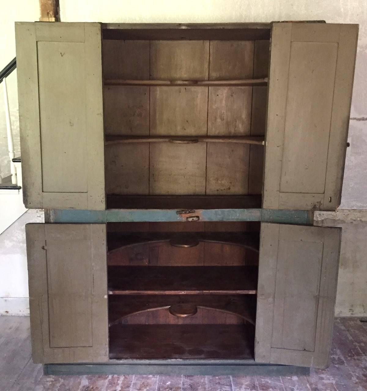 Hand-Crafted 18th Century Blind Door Large Hudson Valley Cupboard with Original Blue Paint