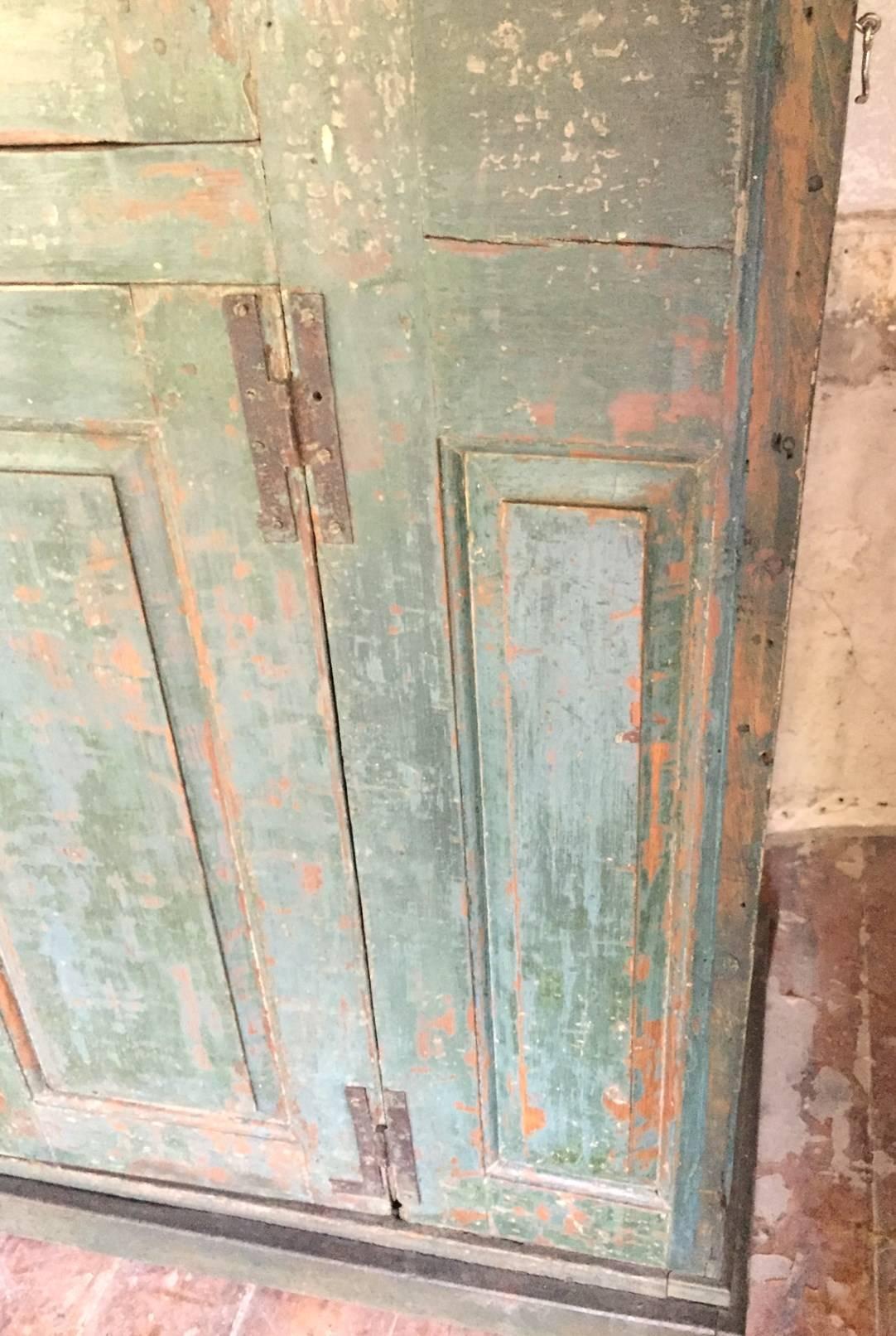 Pine 18th Century Blind Door Large Hudson Valley Cupboard with Original Blue Paint