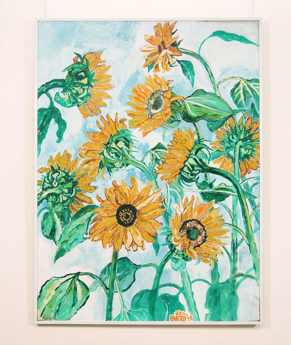 "Sunflowers" 
John Bratby RA 
oil on canvas, 1979.
Dimensions: 37" x 50" (94cm x 127cm).
 
A large, signed oil on canvas by John Bratby RA. Entitled "Sunflowers" and dated 1979, it depicts the sunflowers that were