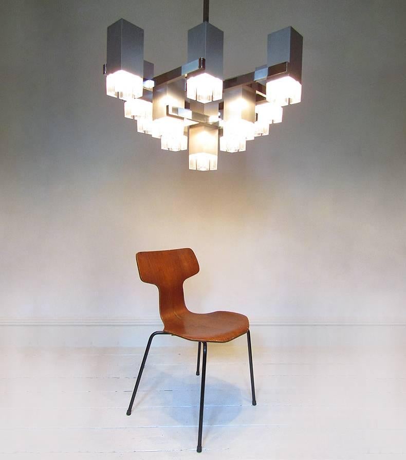 Mid-Century Modern 1970s Cubic Chandelier in Brushed Steel by Gaetano Sciolari For Sale