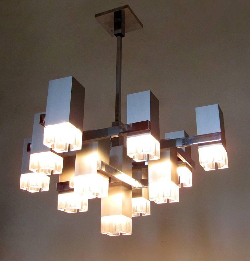 Late 20th Century 1970s Cubic Chandelier in Brushed Steel by Gaetano Sciolari For Sale