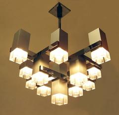 1970s Cubic Chandelier in Brushed Steel by Gaetano Sciolari