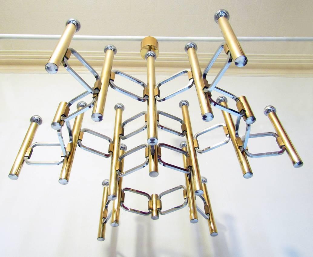 Impressive Fifteen-Light Chandelier in Brass and Chrome by Gaetano Sciolari 1