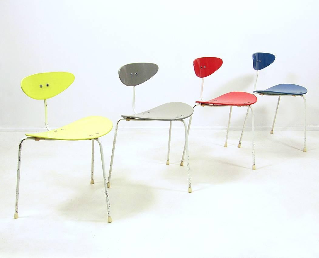 An extremely rare collection of four Unicorn chairs by Ernest
Race.

Designed for the British Pavilion at the 1958 Brussels Expo, these chairs were briefly in production afterwards. Very few examples survive today.

Showing signs of cosmetic