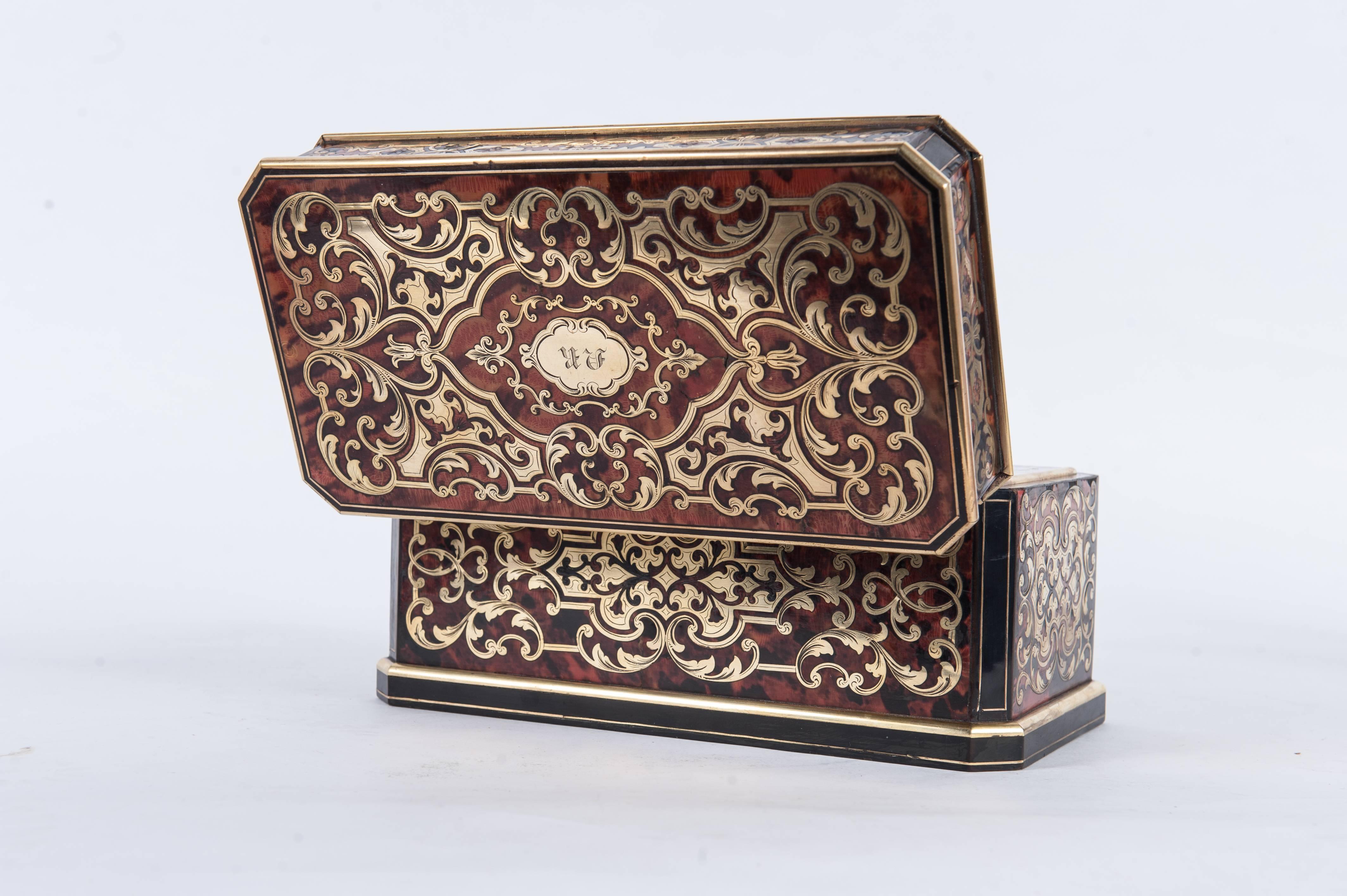 Nice Boulle Inlaid, Monogrammed Tea Caddy, French, circa 1860 For Sale 1