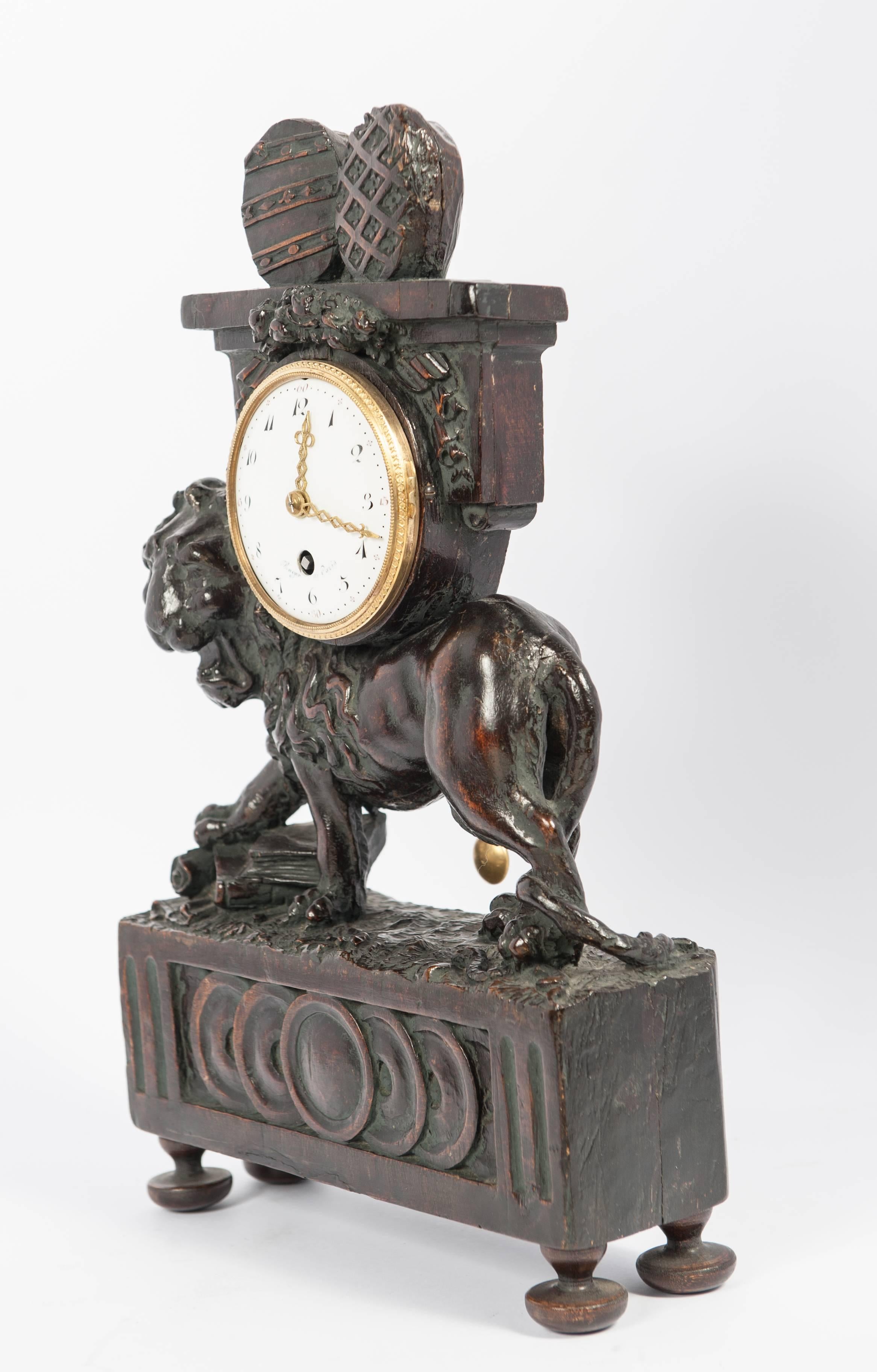 Nice French Louis XVI Small Wooden Lion Pendule, circa 1770 For Sale 2