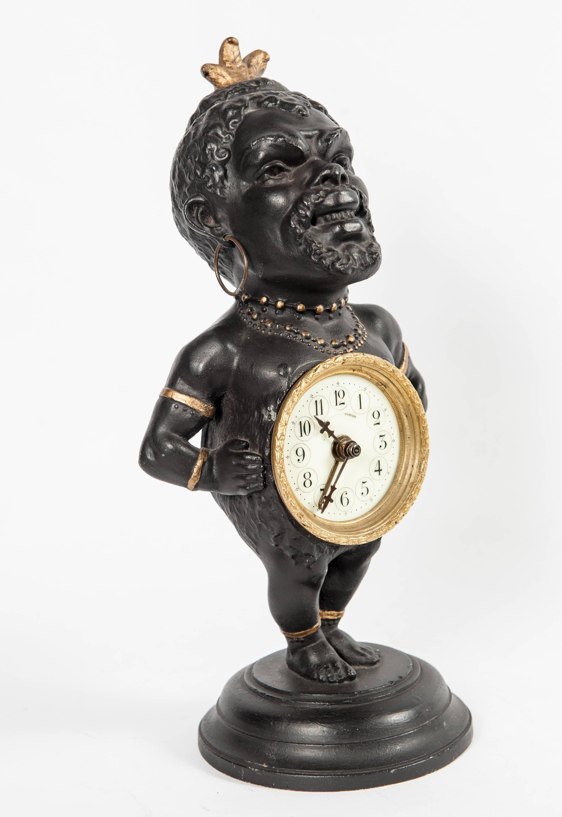 A decorative Polychrome French white metal timepiece clock figure with alarm.  Lovely detailed expression of the face is very nice and charming. Circa 1880