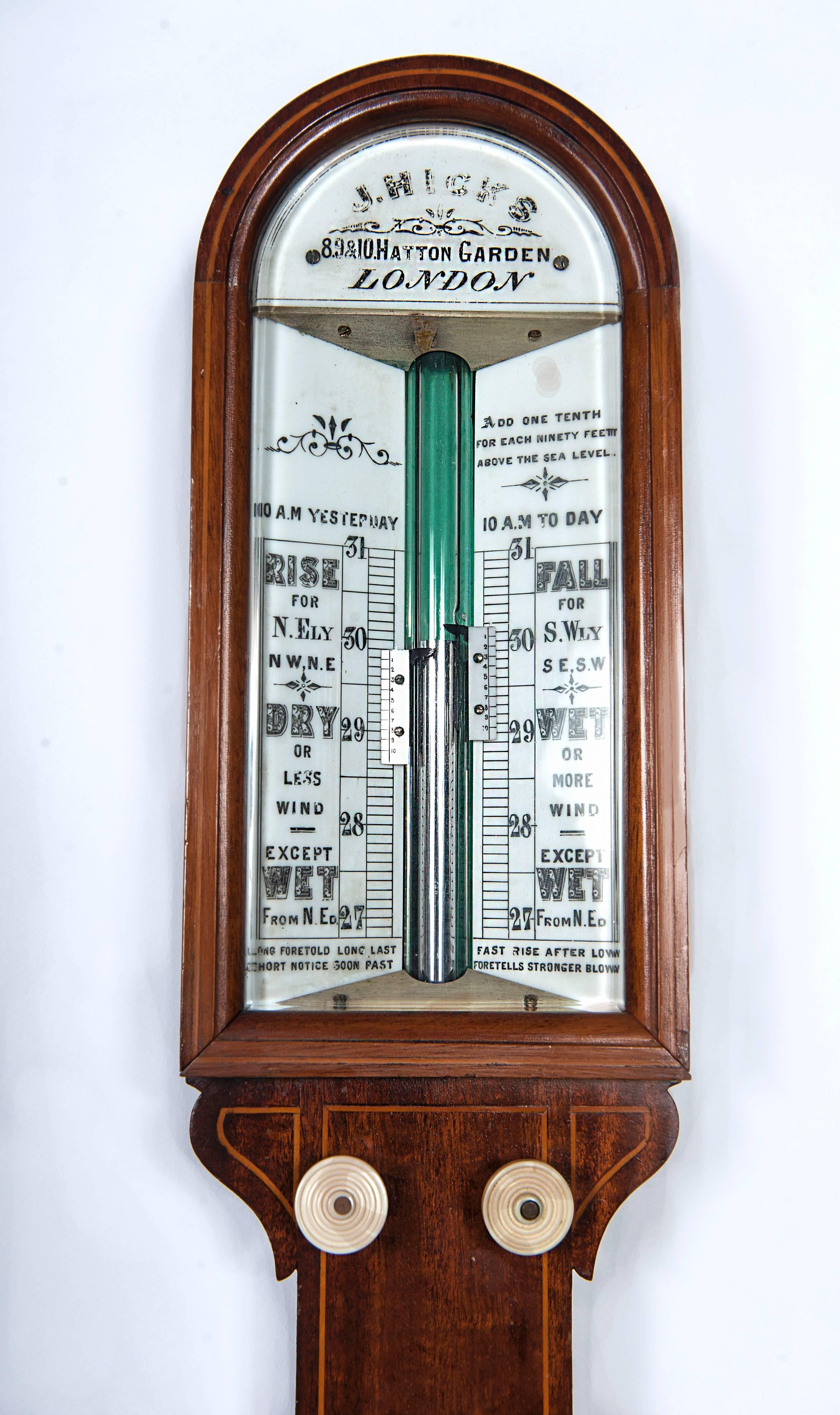 Good English Mahogany Marquetry Inlaid Stick Barometer, J. Hicks London In Good Condition For Sale In Amsterdam, Noord Holland
