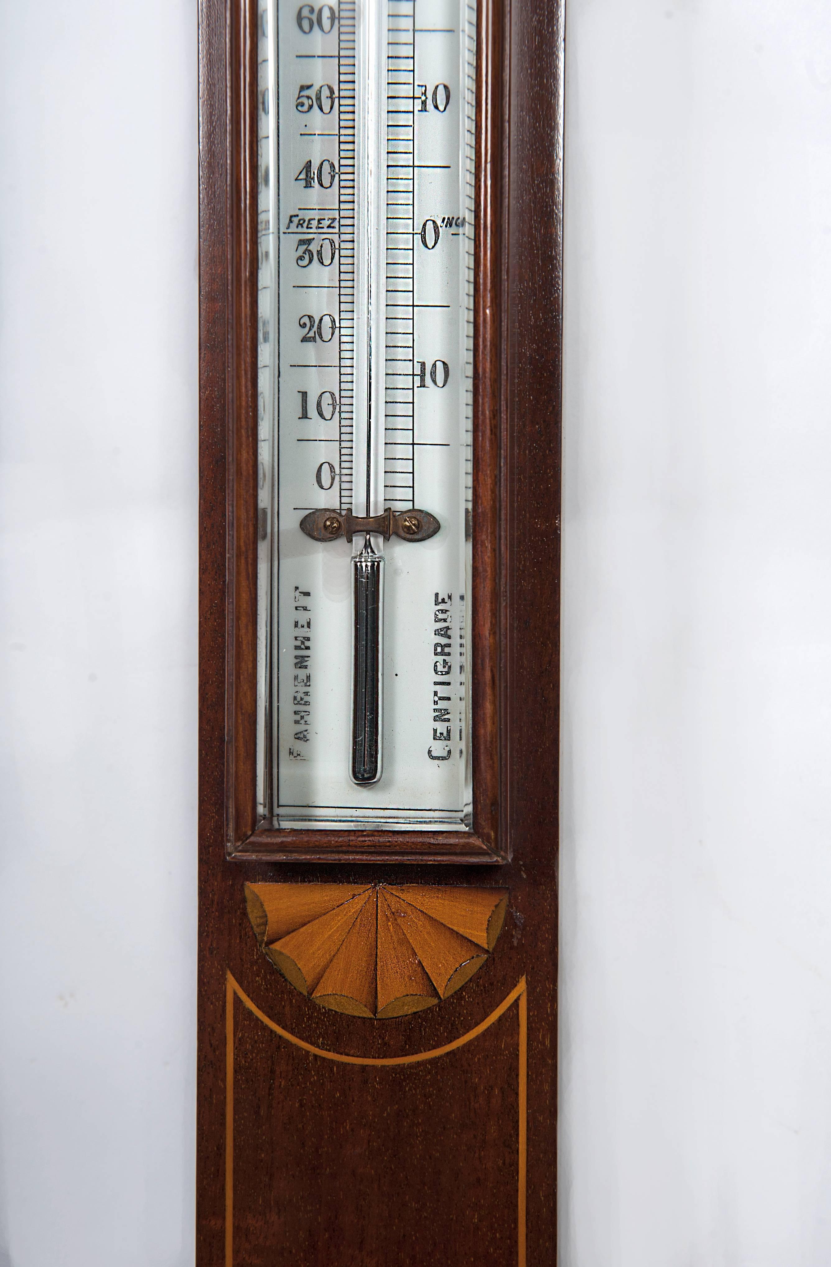 Victorian Good English Mahogany Marquetry Inlaid Stick Barometer, J. Hicks London For Sale