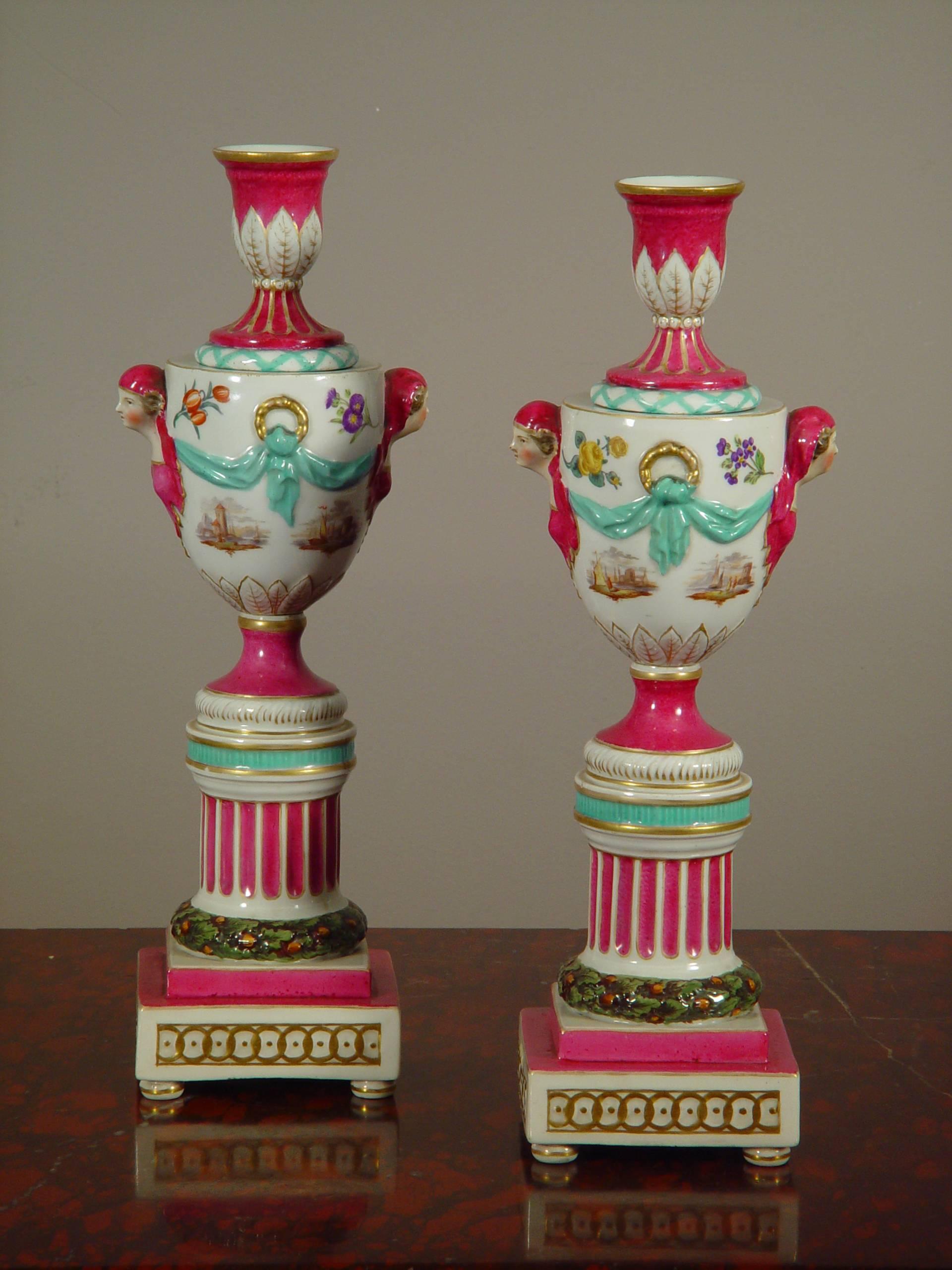 Louis XVI Pair of Polychrome Porcelain Urns 'à Double Usage, ' Mid-19th Century For Sale
