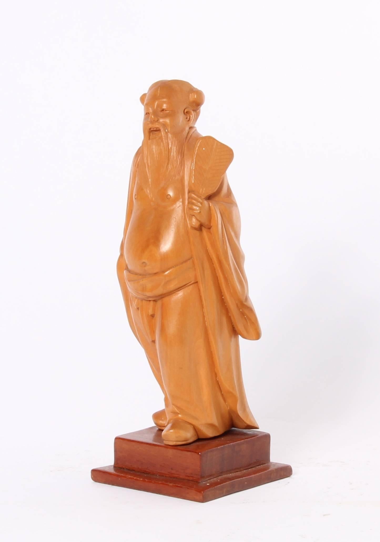Lovely Chinese Carved Boxwood Sculpture of a Man, circa 1920 For Sale 1