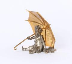 'Seated Girl with Umbrella', Silvered and Gilt Bronze Sculpture, circa 1880