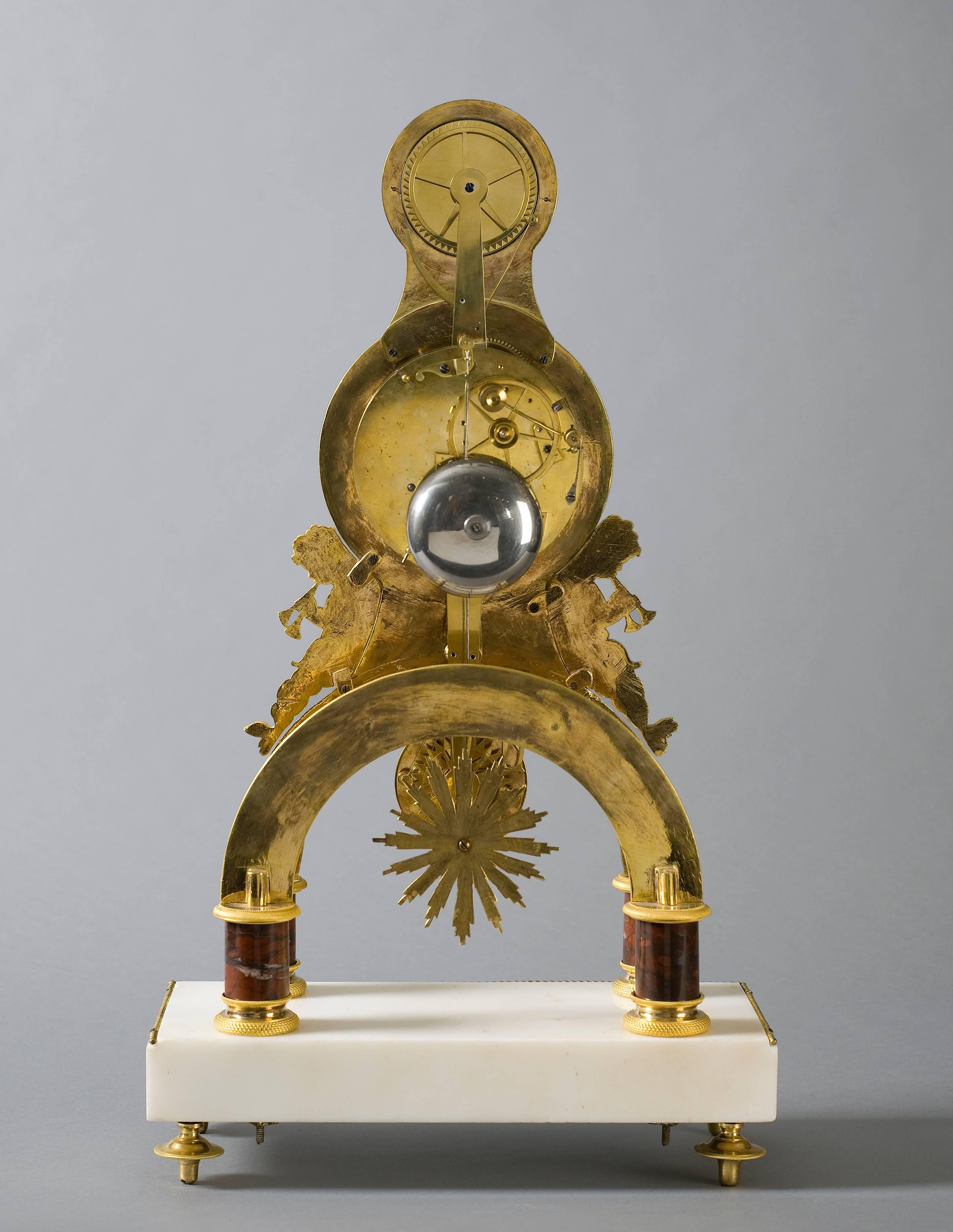A French Directoire ormolu skeleton clock fine enamel and calendar, Gaston Joly, circa 1795.