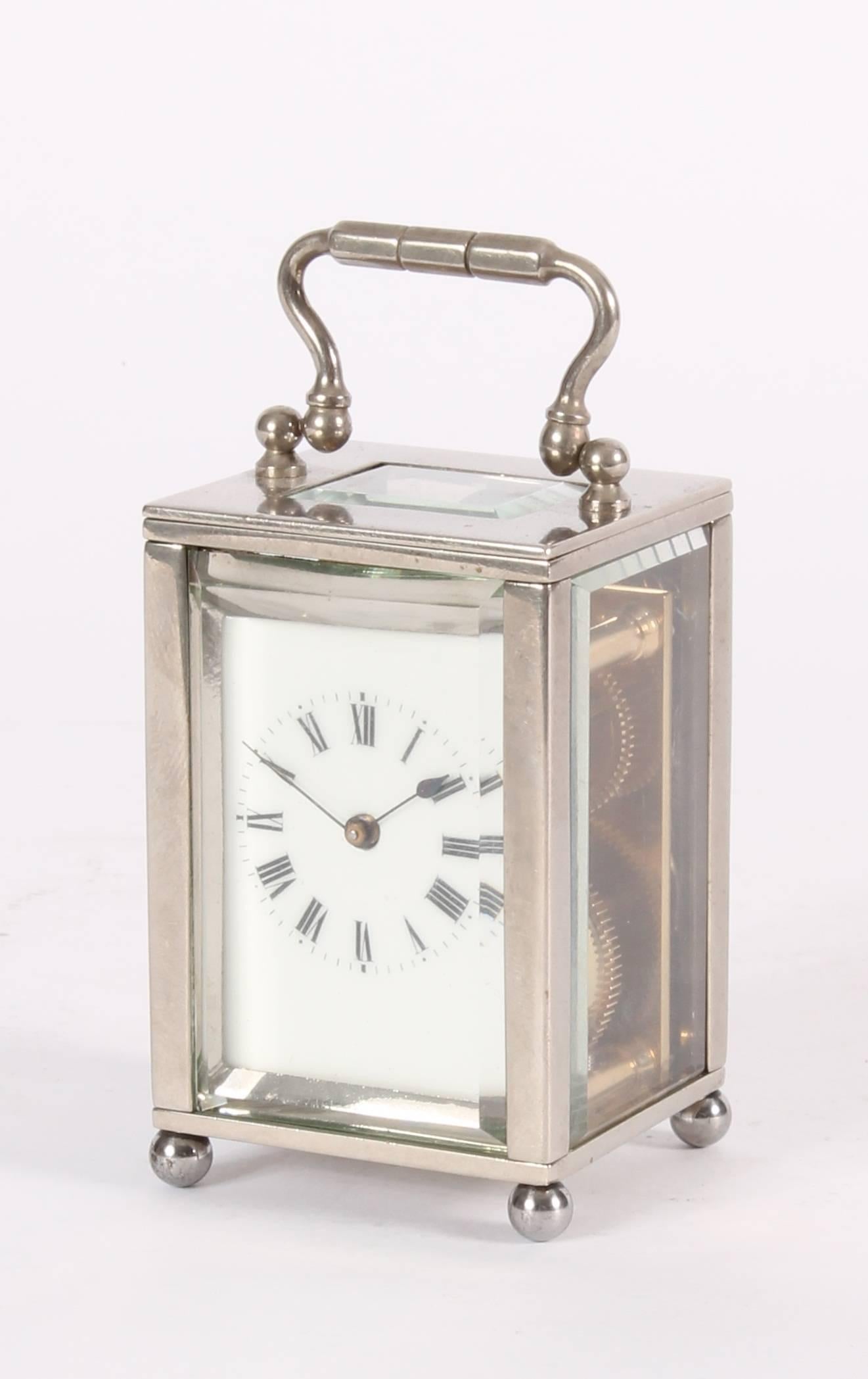 Art Deco Attractive Miniature French Nickel-Plated Carriage Timepiece, circa 1925 For Sale