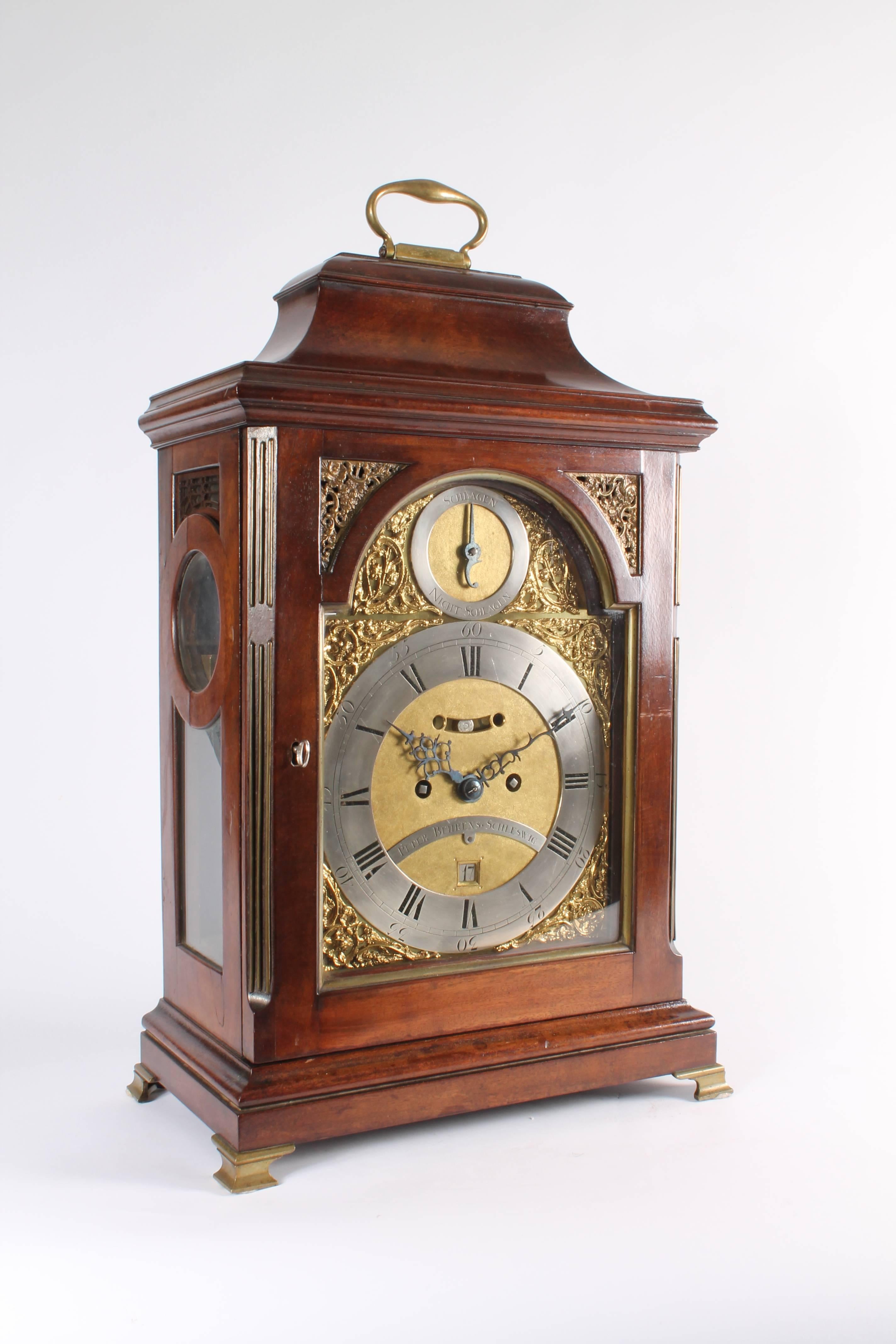 18th Century and Earlier Rare German Mahogany Table Clock by Peter Behrens Schleswig, circa 1770 For Sale
