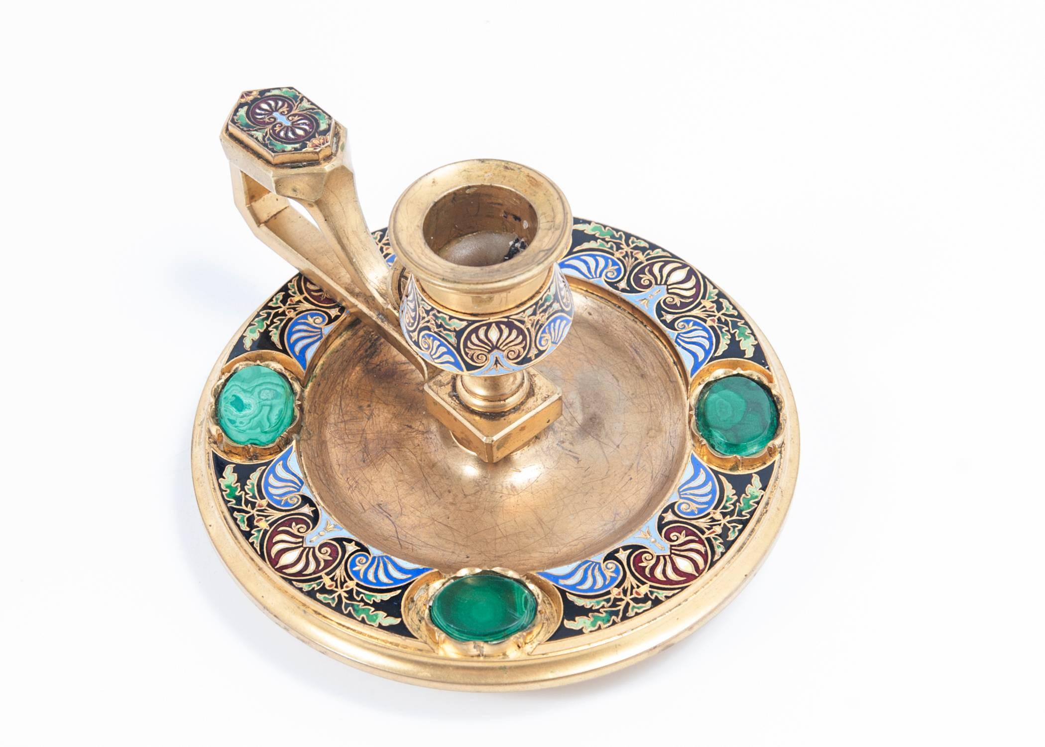 High-Quality Ormolu Russian Candlestick with Enamel and Malachite Decorations In Good Condition For Sale In Amsterdam, Noord Holland