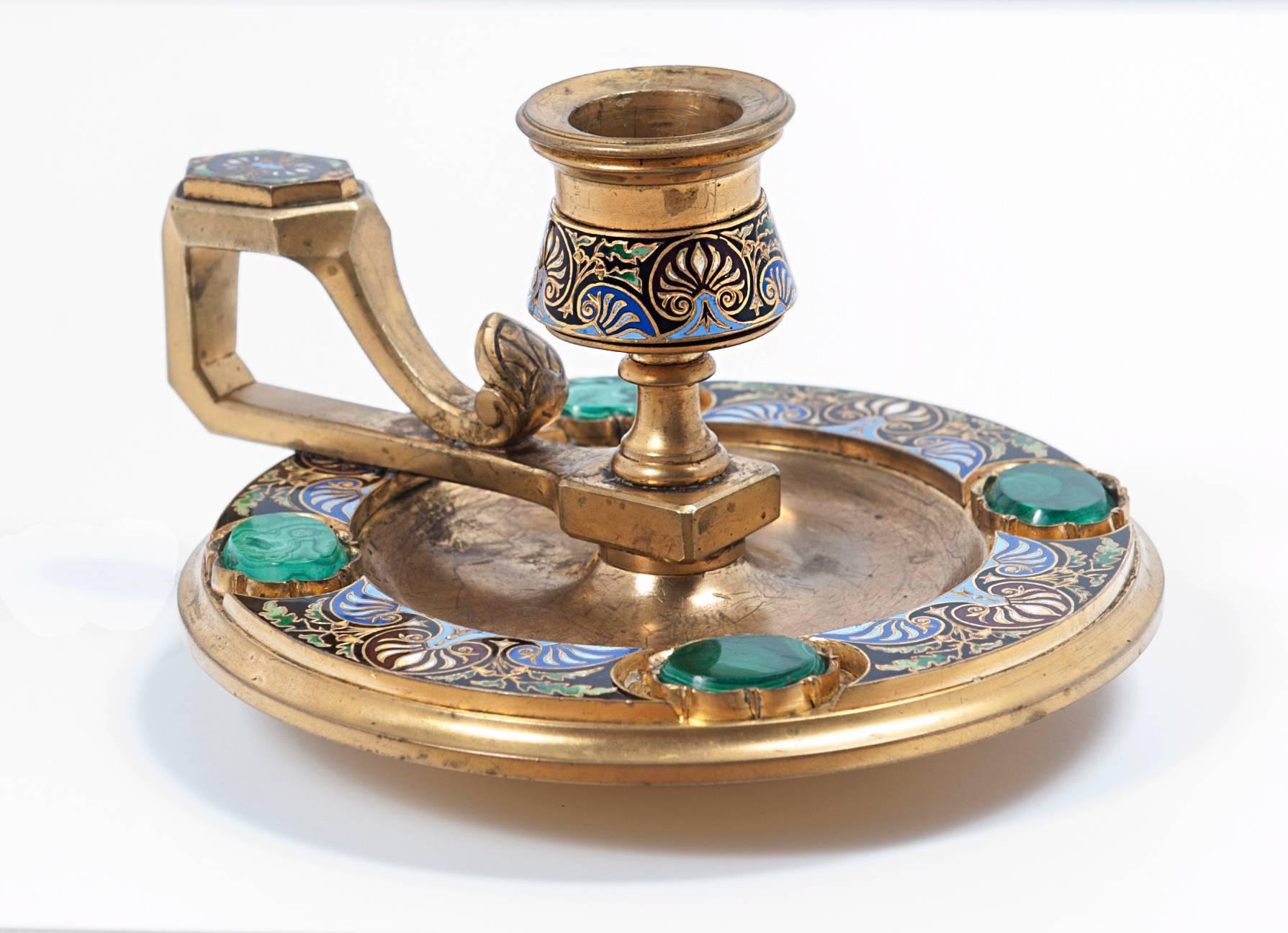 Art Deco High-Quality Ormolu Russian Candlestick with Enamel and Malachite Decorations For Sale