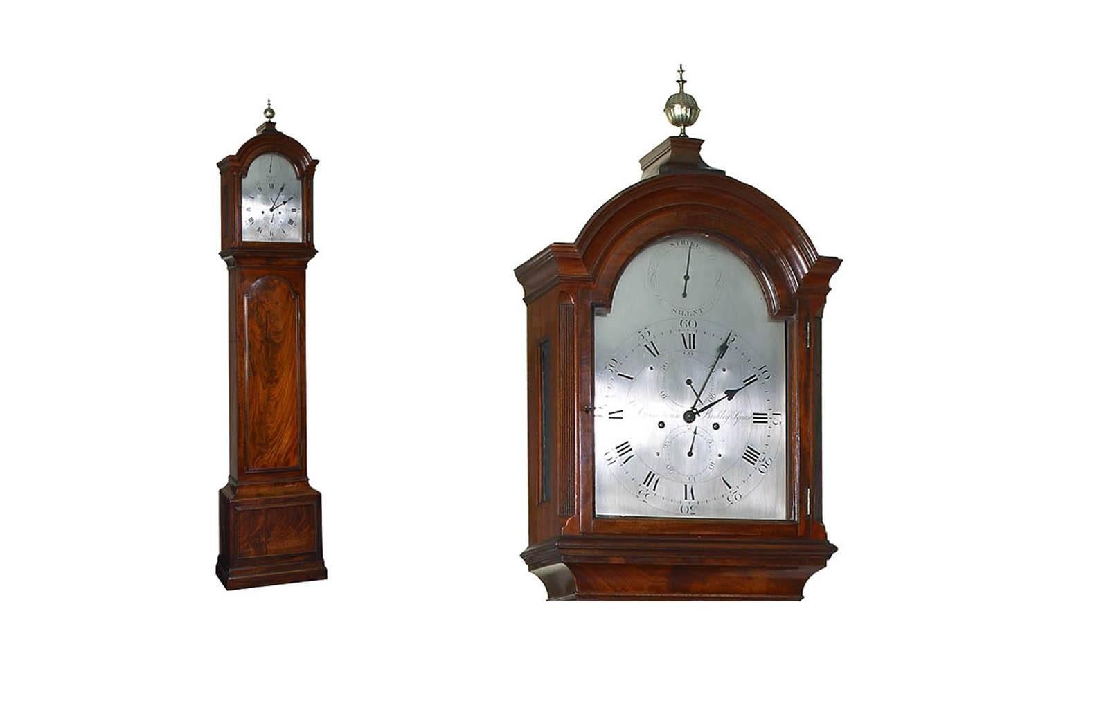 A Fine English mahogany longcase clock Dwerrihouse Berkeley square London, circa 1780 arched engraved silvered dial with Roman numerals and five minute marking signed Dwerrihouse Berkley Square, blued spade hands and subsidiaries for date and