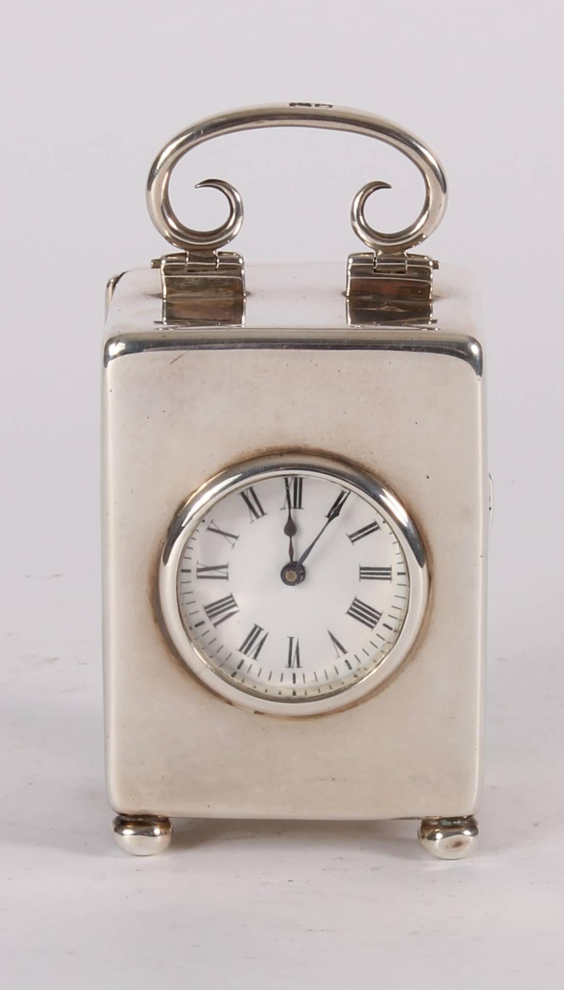 Art Deco Lovely English Miniature Silver Carriage Timepiece Hallmarked London, 1901 For Sale