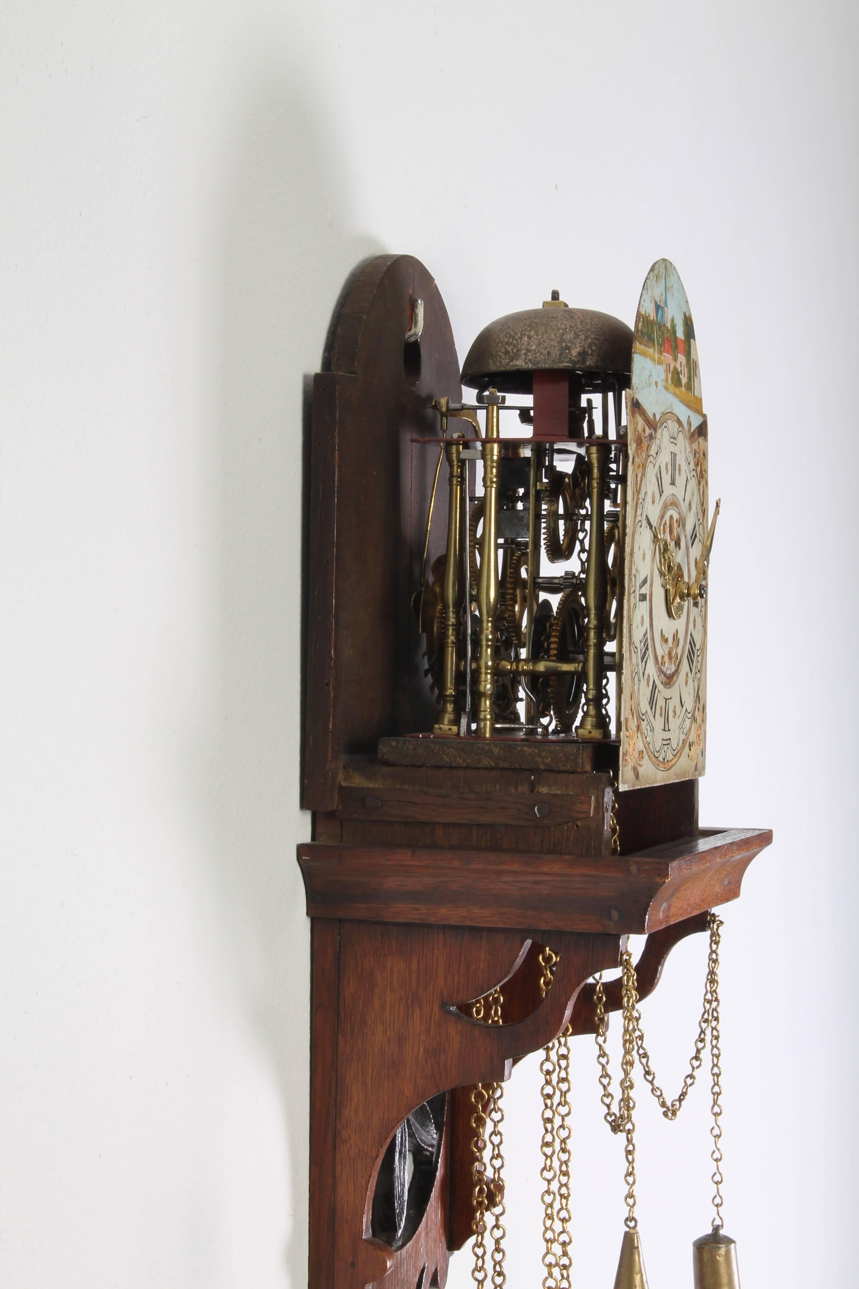 Biedermeier Attractive Dutch Frisian Maddered Oak Striking Alarm Clock, circa 1830 For Sale