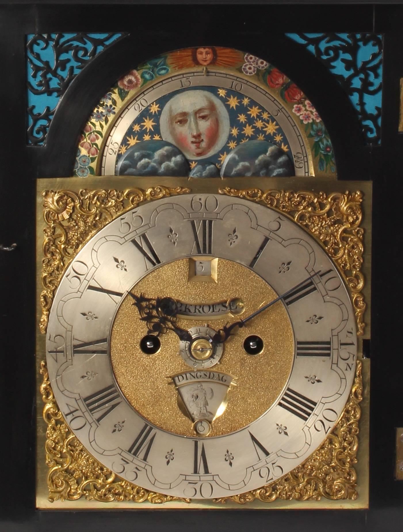 Louis XV Dutch Ebonized Table Clock by J.P. Kroese, circa 1740 For Sale