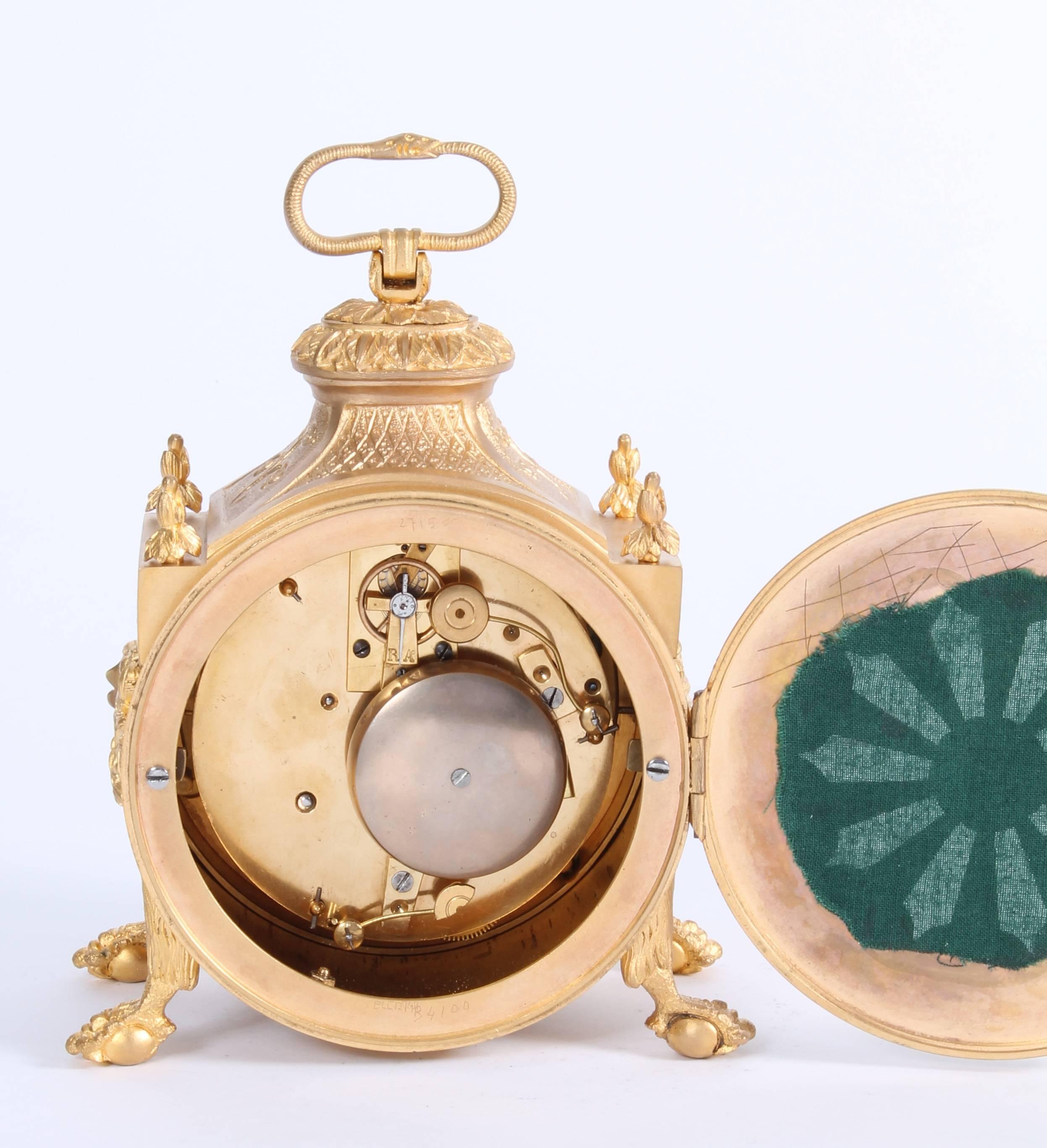 Napoleon III Swiss Louis XVI-Style Gilt Brass 'Pendule D'officier' with Alarm, circa 1890