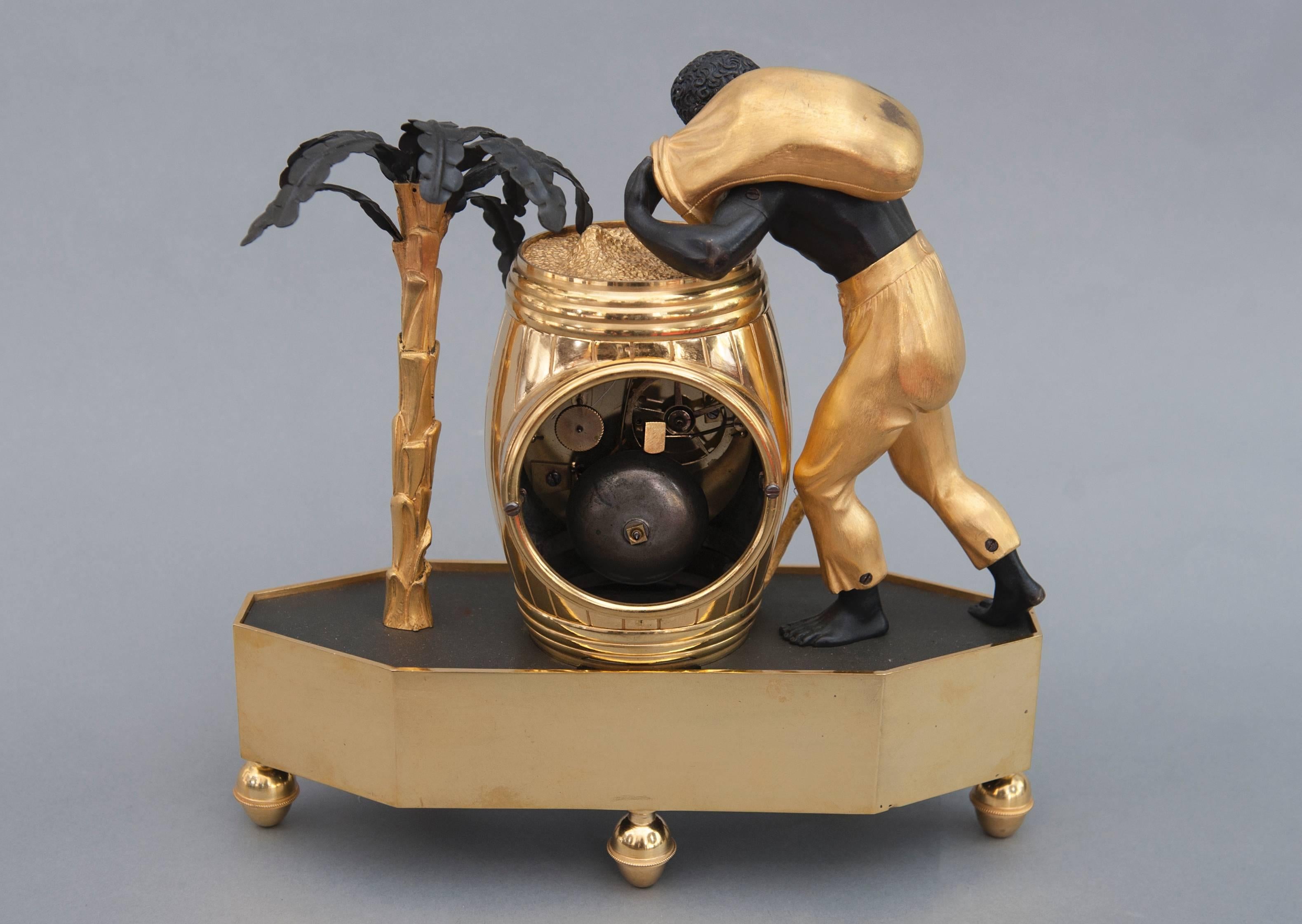 A very rare pendule 'Au Bon Sauvage' symbolizing the man filling the drum with (possibly) coffee beans, circa 1800.

These pendule clocks from this short 