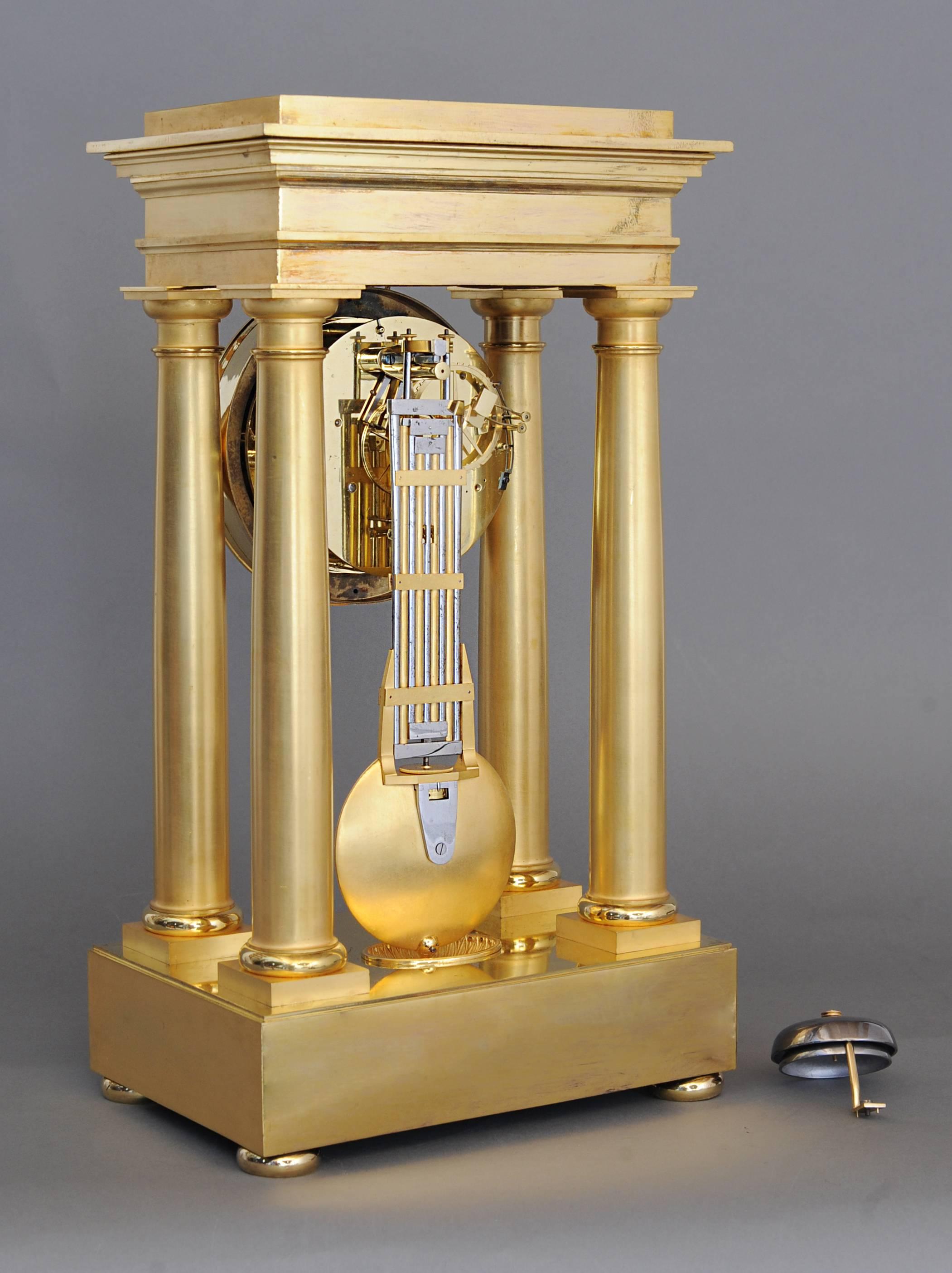 An extremely high quality early Empire four pillar table precision regulator mantel clock. This high quality clock is made by the famous clock maker Dieudonné Kinable, circa 1800. Quarter striking on two bells knife edge suspension pin wheel