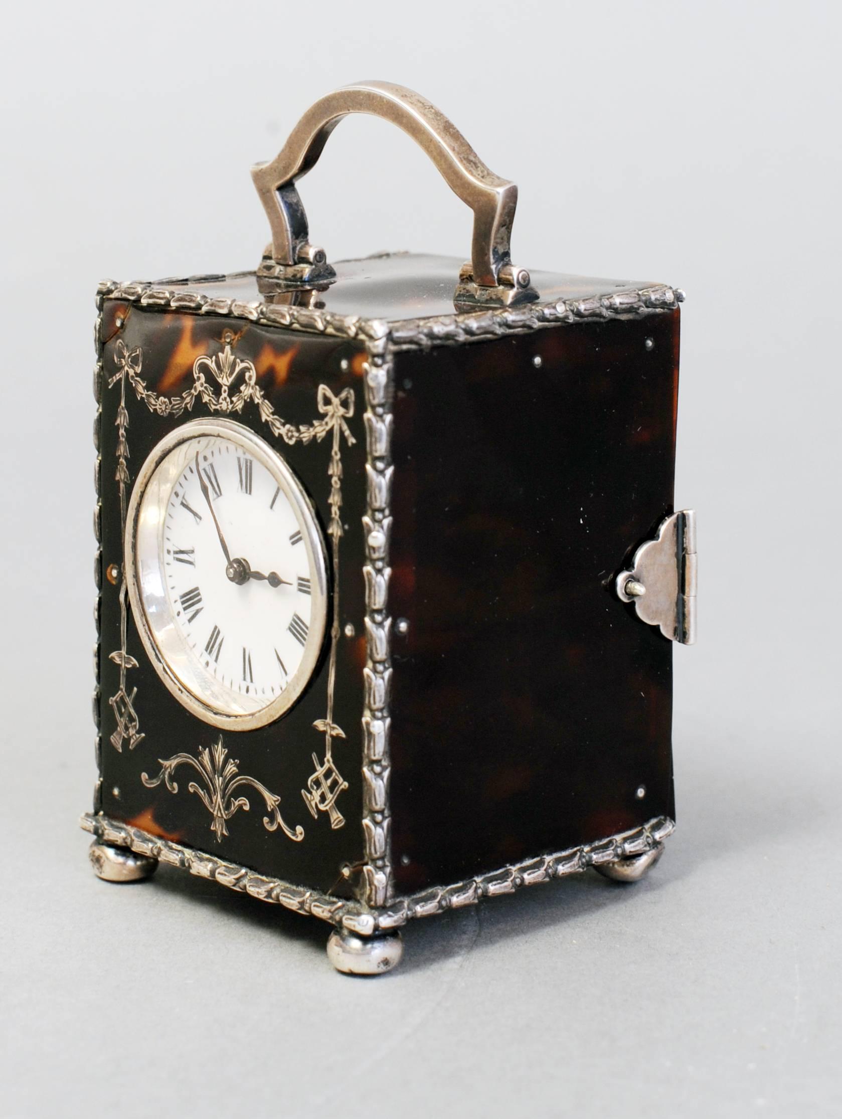 British Small English Tortoiseshell and Silver Carriage Clock, circa 1902 For Sale