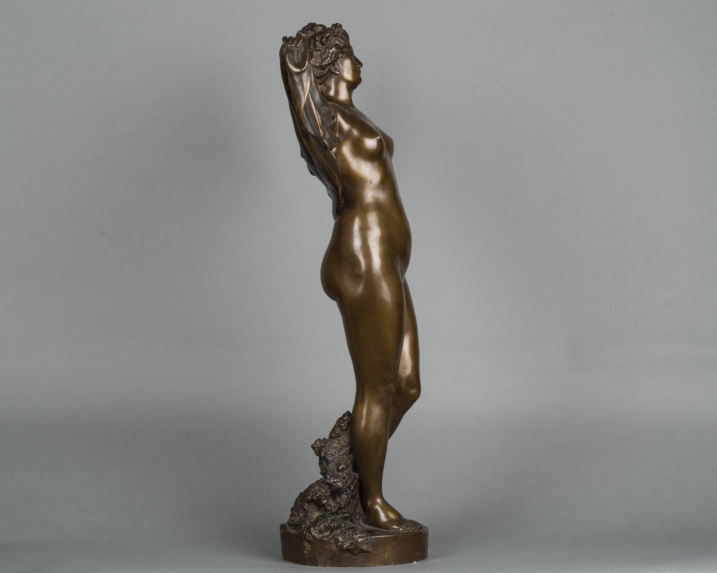 A nice patinated bronze of a nude female lady holding a scarf. The well figured proportions and elegant posture, beautiful details. Signed Arthur Schulz, Germany, circa 1880.