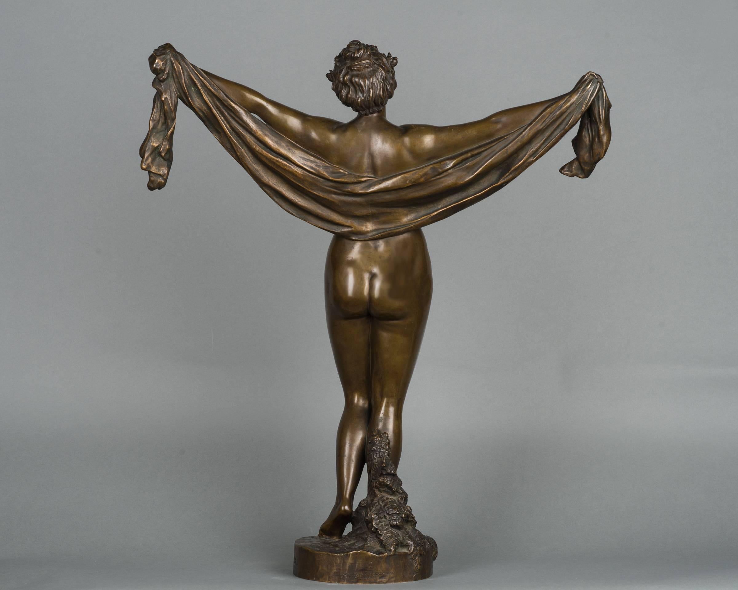 Belle Époque Nice Patinated Bronze of a Nude Female Lady Holding a Scarf, circa 1880 For Sale