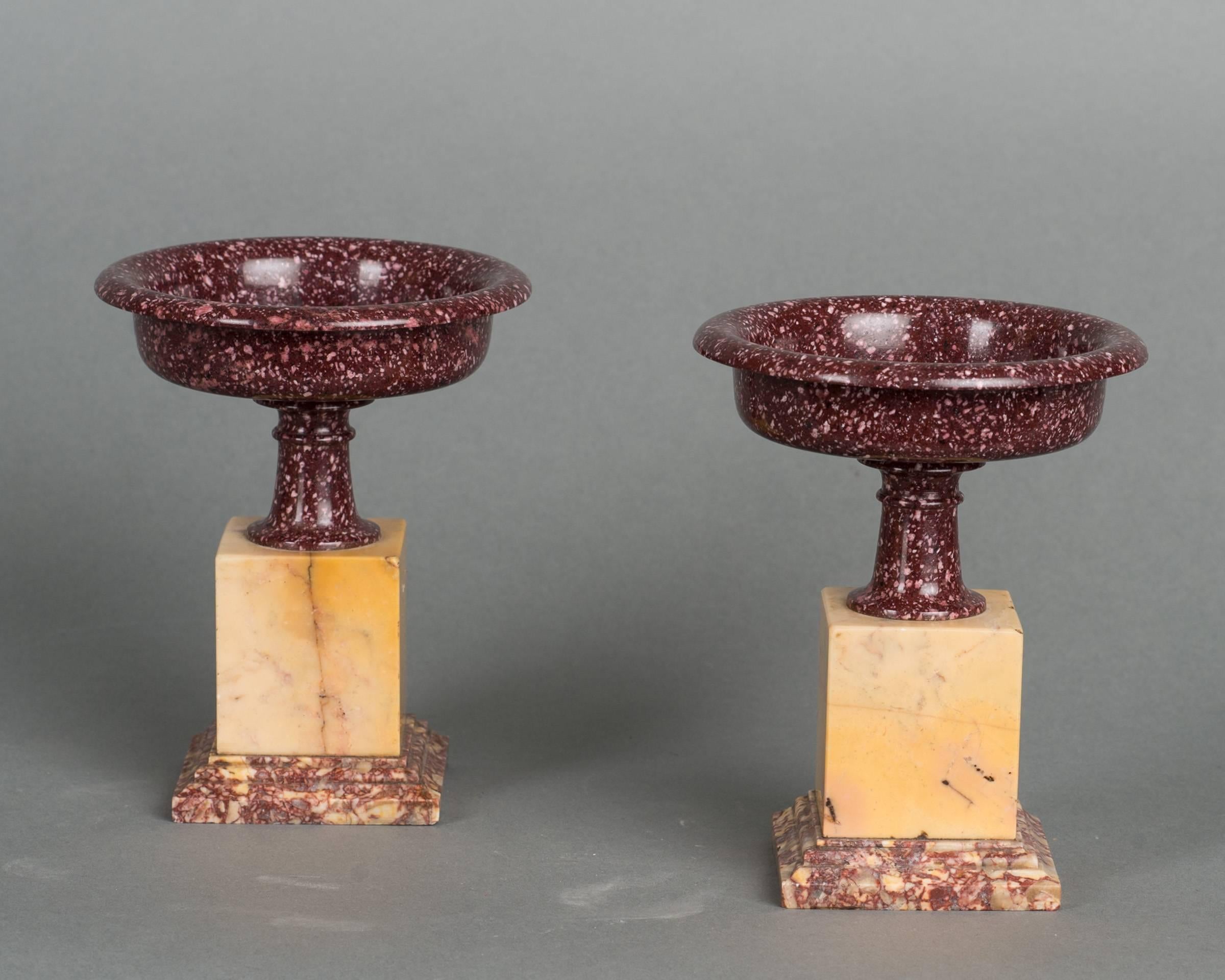This lovely Grand Tour porphyry marble tazzas mounted on square sienna marble bases with multi-color marble plinth. Probably Italia or French, circa 1830 Grand Tour, both are in a very good condition.