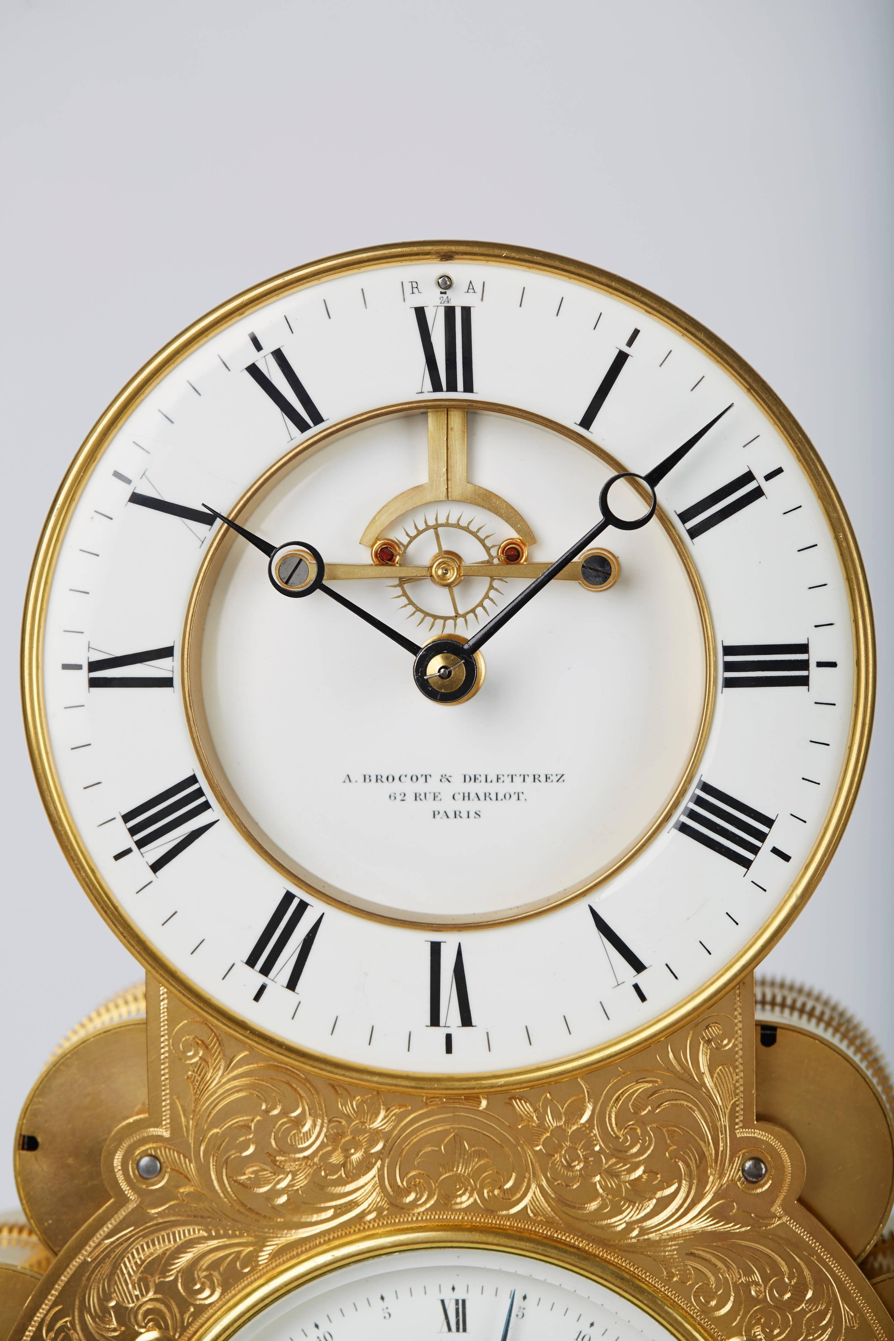 An exquisite, almost as new, skeletonized, astronomical multi - barrel year - duration clock with perpetual calendar, equation of time and half/ hour self strike. By Jean - Baptiste Delettrez a Paris With Achile Brocot escapement 
