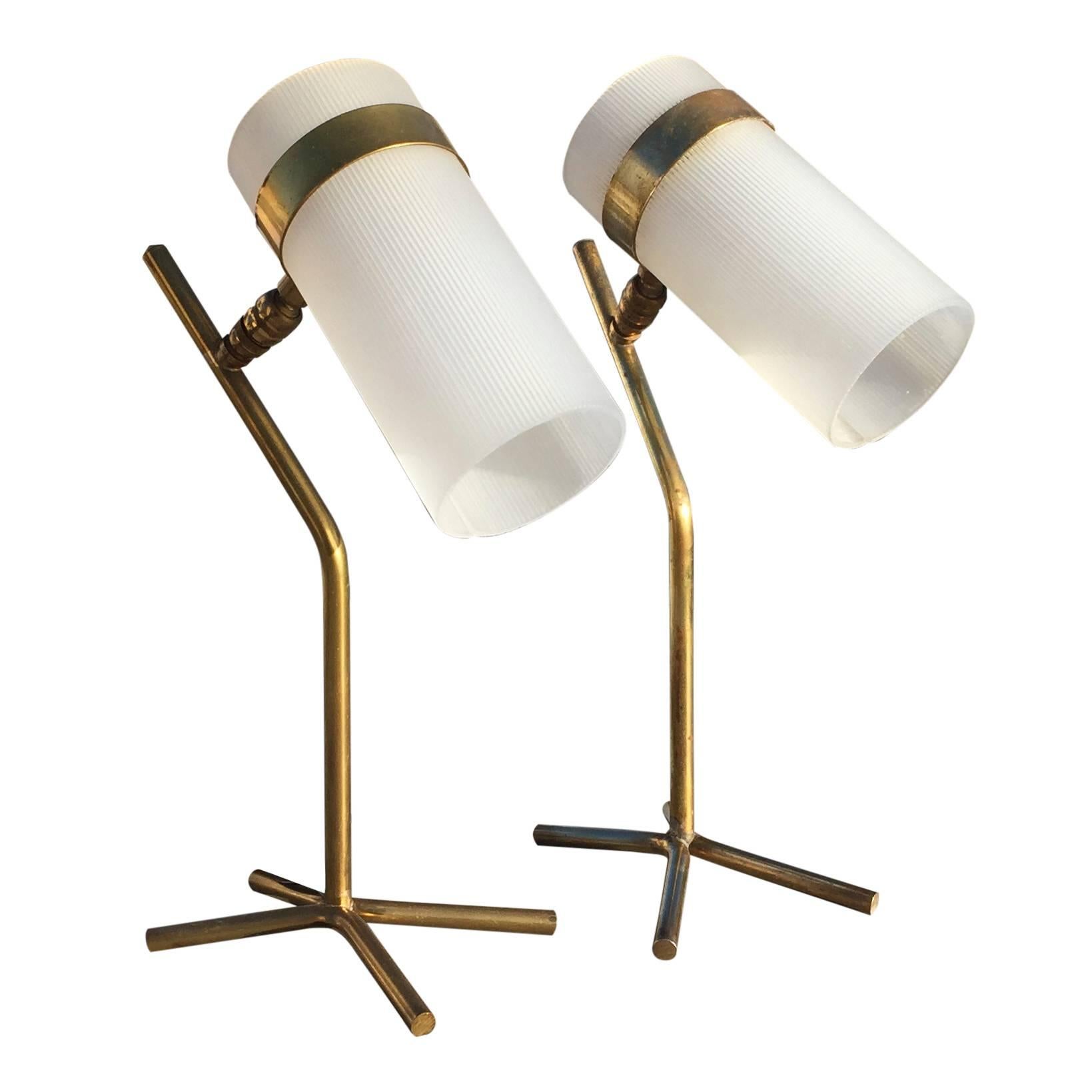 Rare Pair of Petite Plexiglas and Brass Table Lamps, France, 1950s
