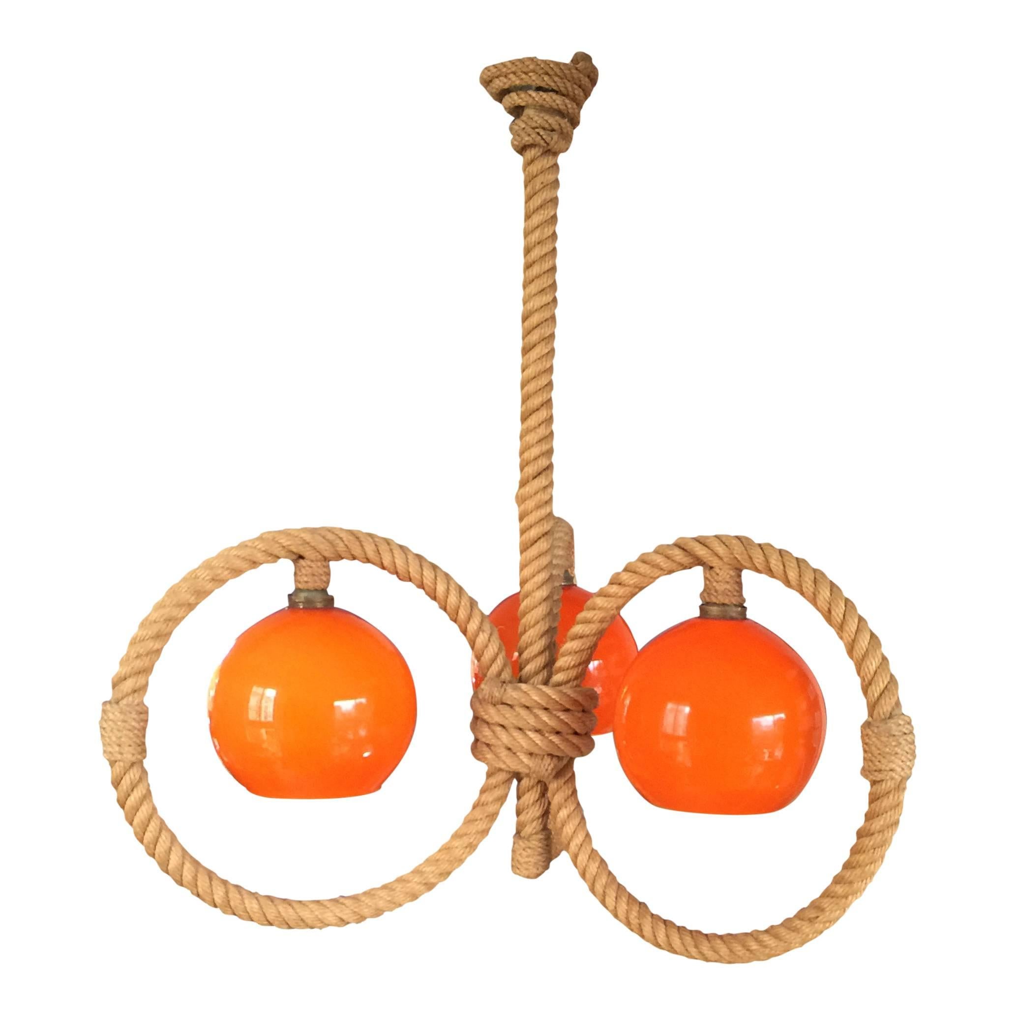 Three Arms Orange Opaline Rope Chandelier by Audoux Minet, France, 1960s