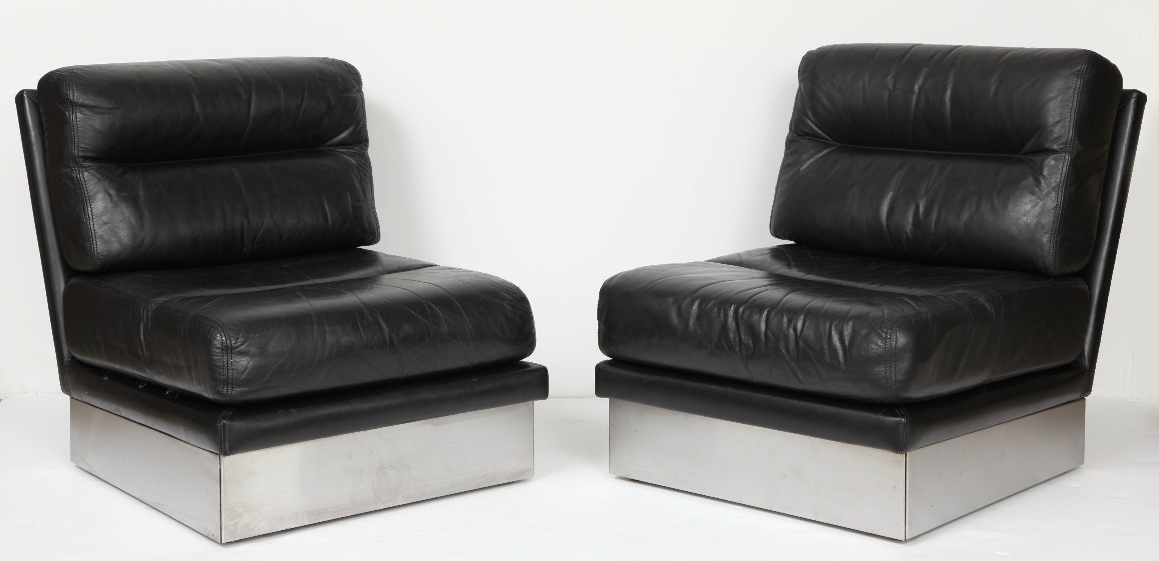 Pair of Leather and Stainless Steel Chairs by Roche Bobois, France, 1970s